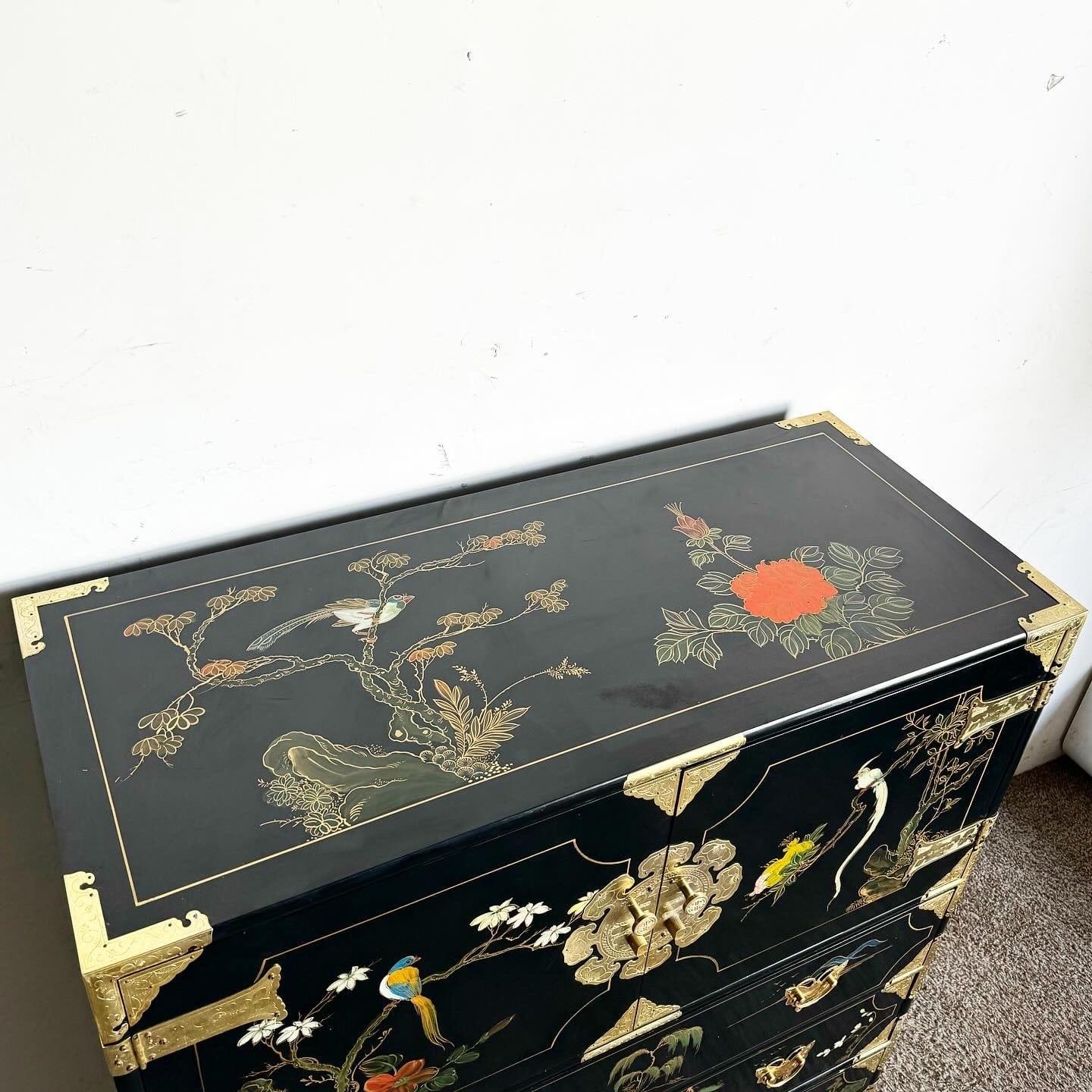 Chinese Black and Gold and Hand Painted Armoire/Chest of Drawers For Sale 1