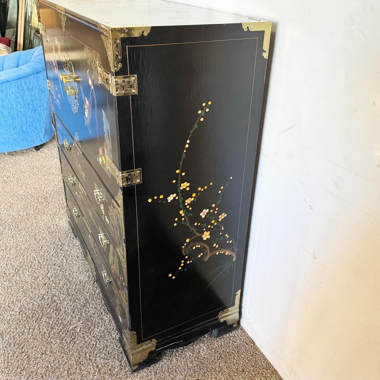 Wood Chinese Black and Gold and Hand Painted Armoire/Chest of Drawers For Sale