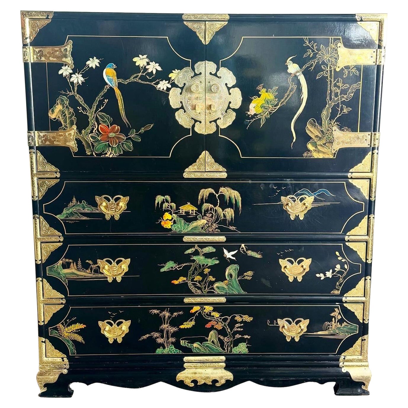 Chinese Black and Gold and Hand Painted Armoire/Chest of Drawers