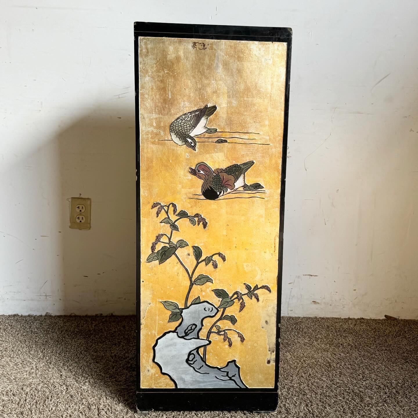 Chinoiserie Chinese Black and Gold Hand Painted and Carved Pedestal For Sale