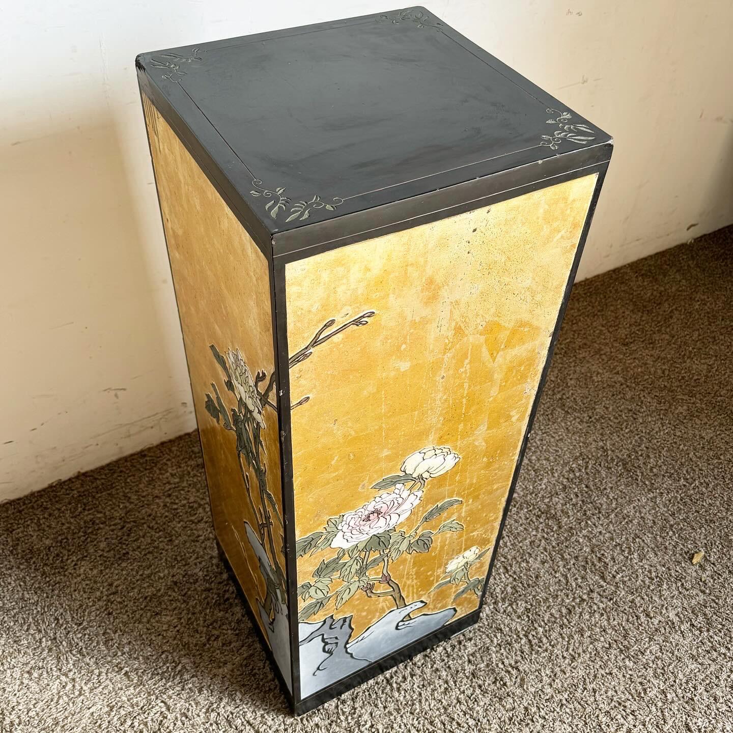 Chinese Black and Gold Hand Painted and Carved Pedestal In Good Condition For Sale In Delray Beach, FL