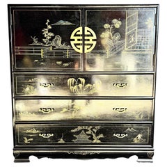 Chinese Black and Gold Hand Painted Highboy With Red Velvet