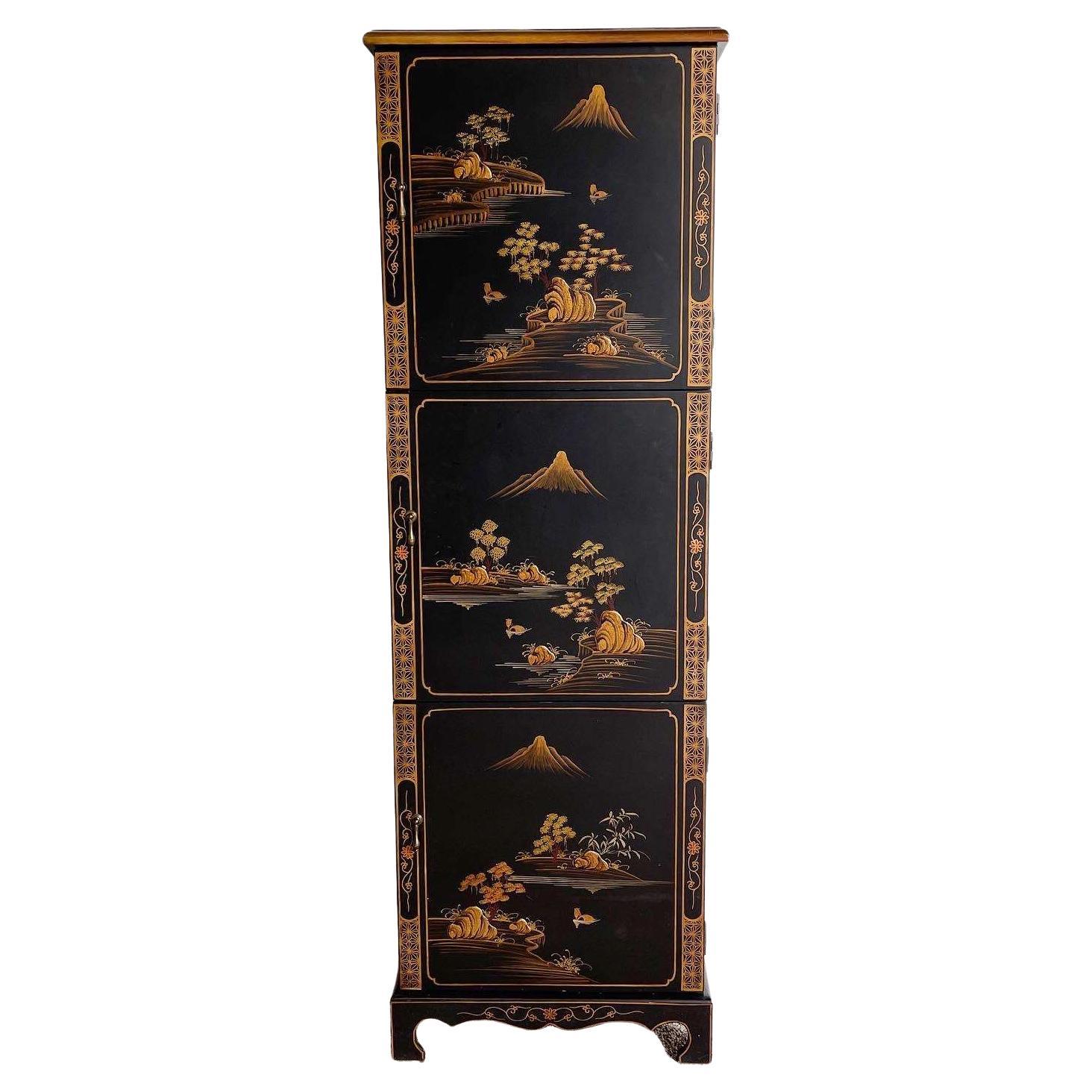 Chinese Black and Gold Hand Painted Tall For Sale at 1stDibs