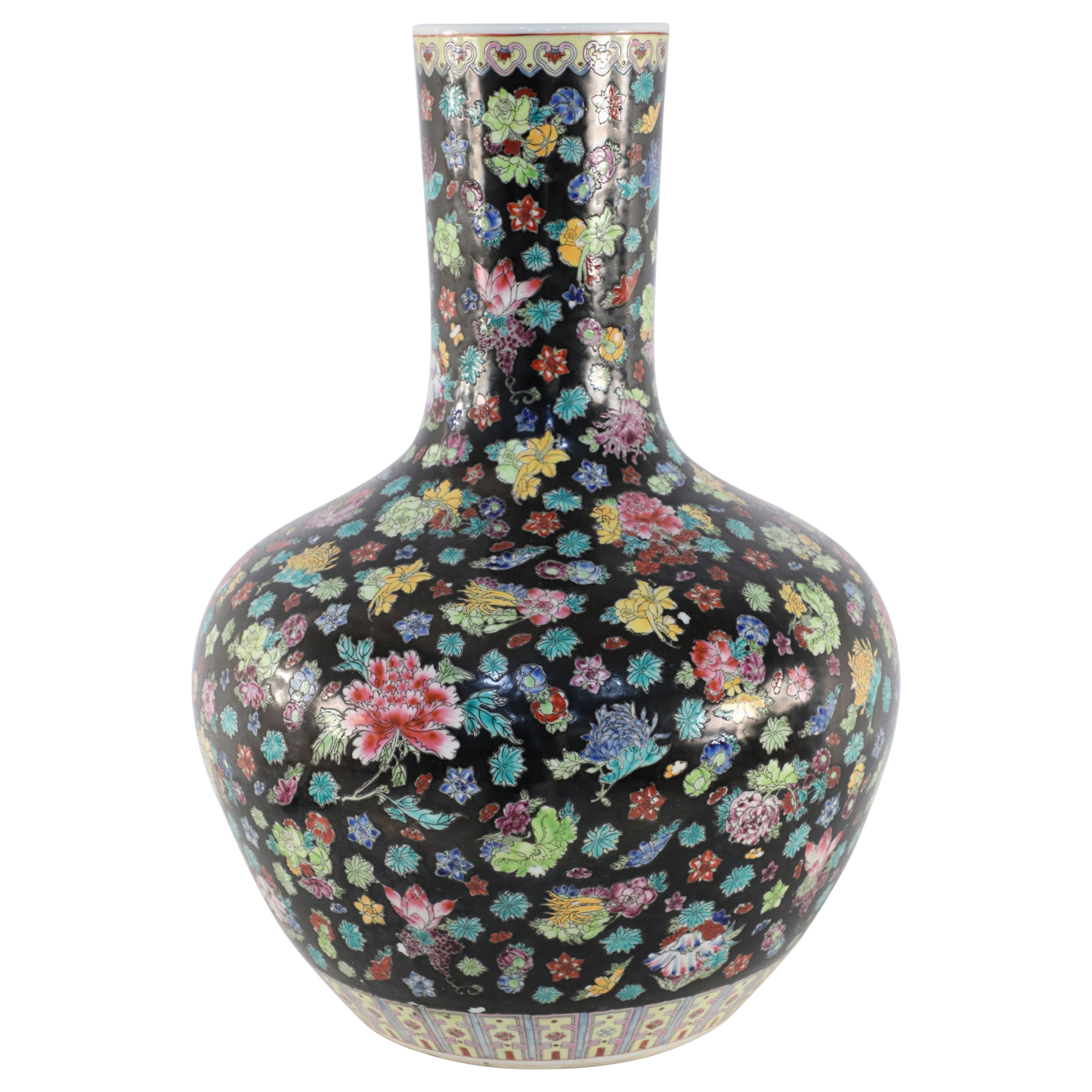 Jarrón Chino de Porcelana Floral Negro y Multicolor