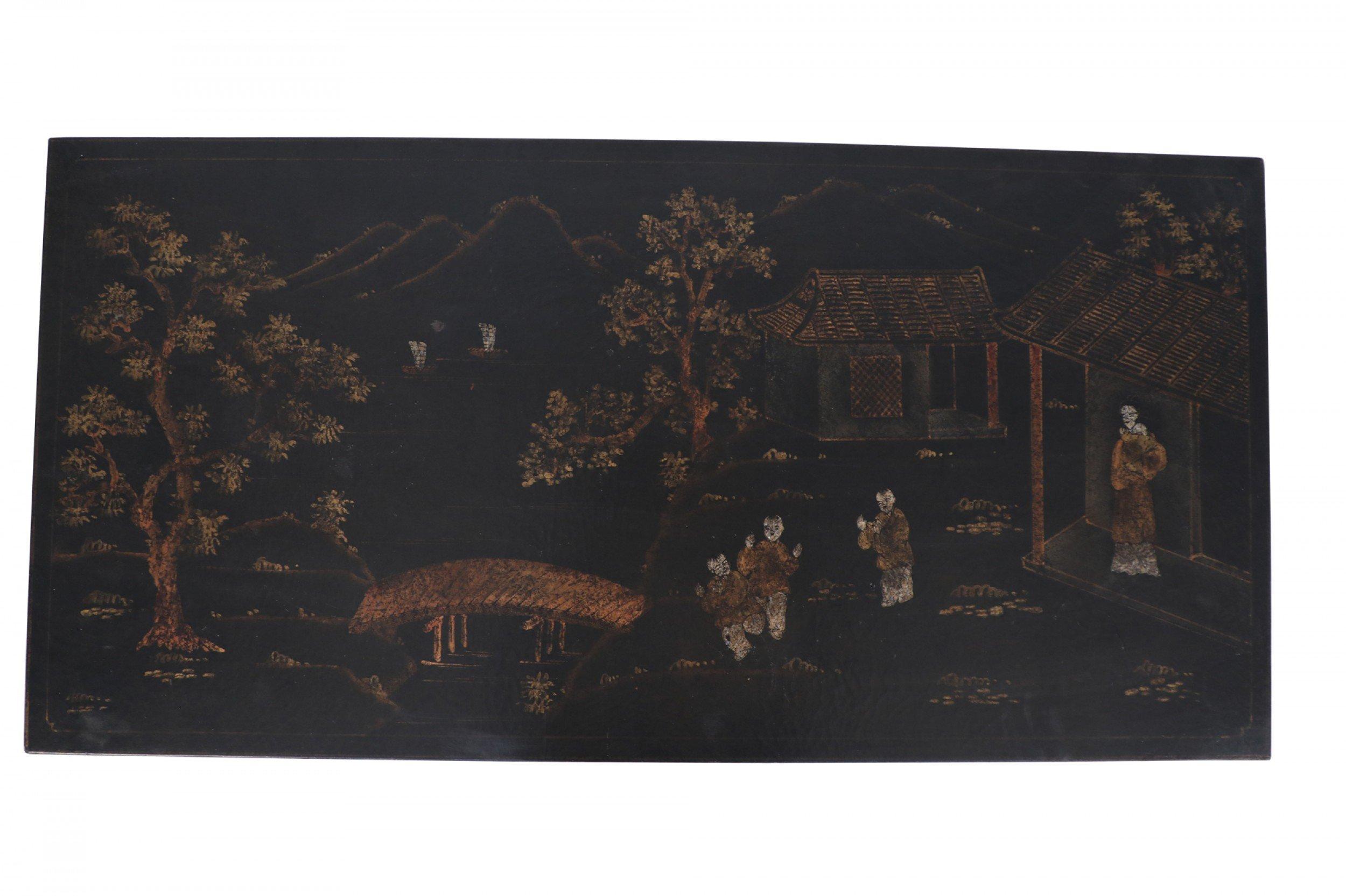 Chinese Black and Painted Pastoral Scene Writing Desk 2