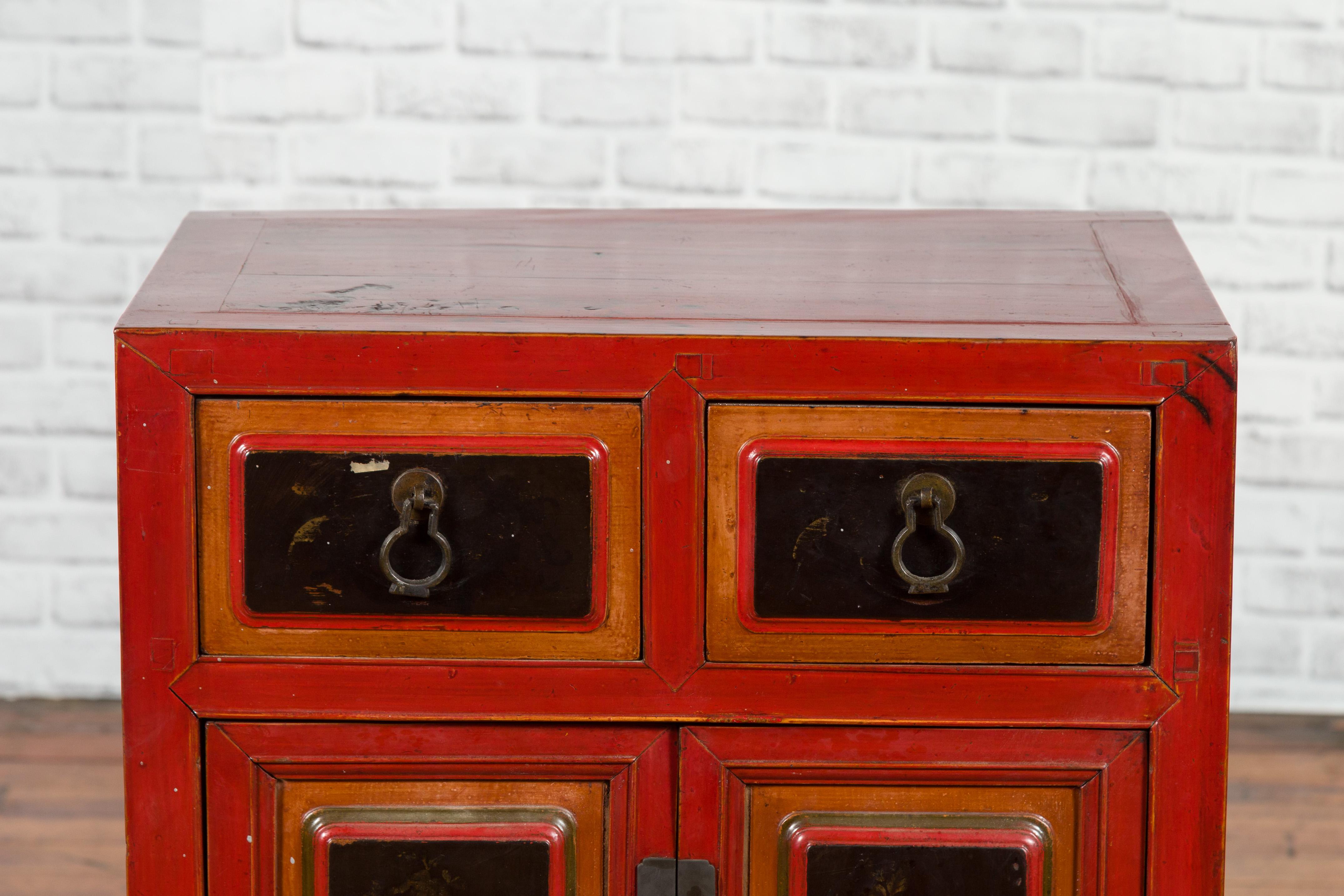 19th Century Chinese Black and Red Small Cabinet from the Qing Dynasty, with Carved Apron