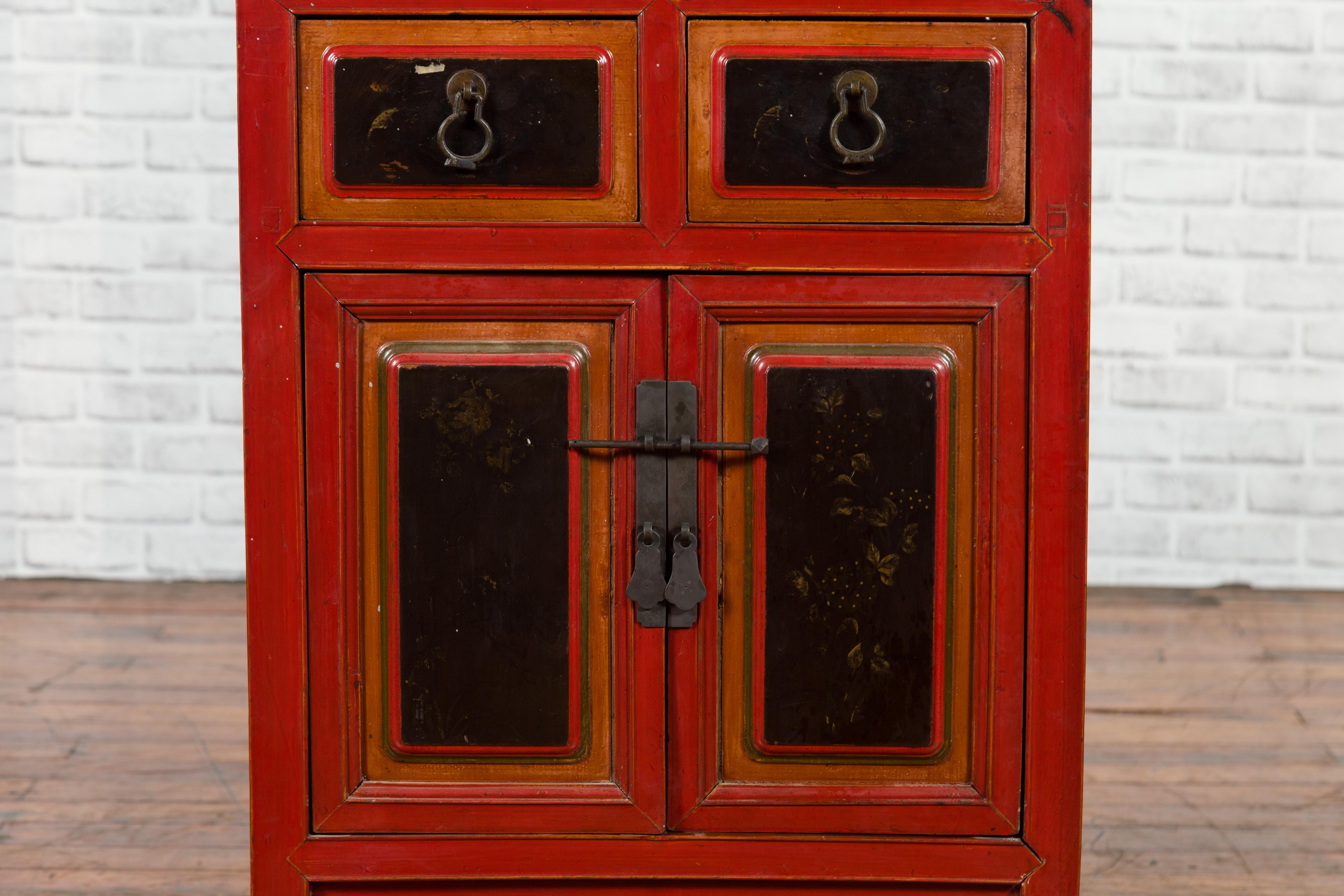 Wood Chinese Black and Red Small Cabinet from the Qing Dynasty, with Carved Apron