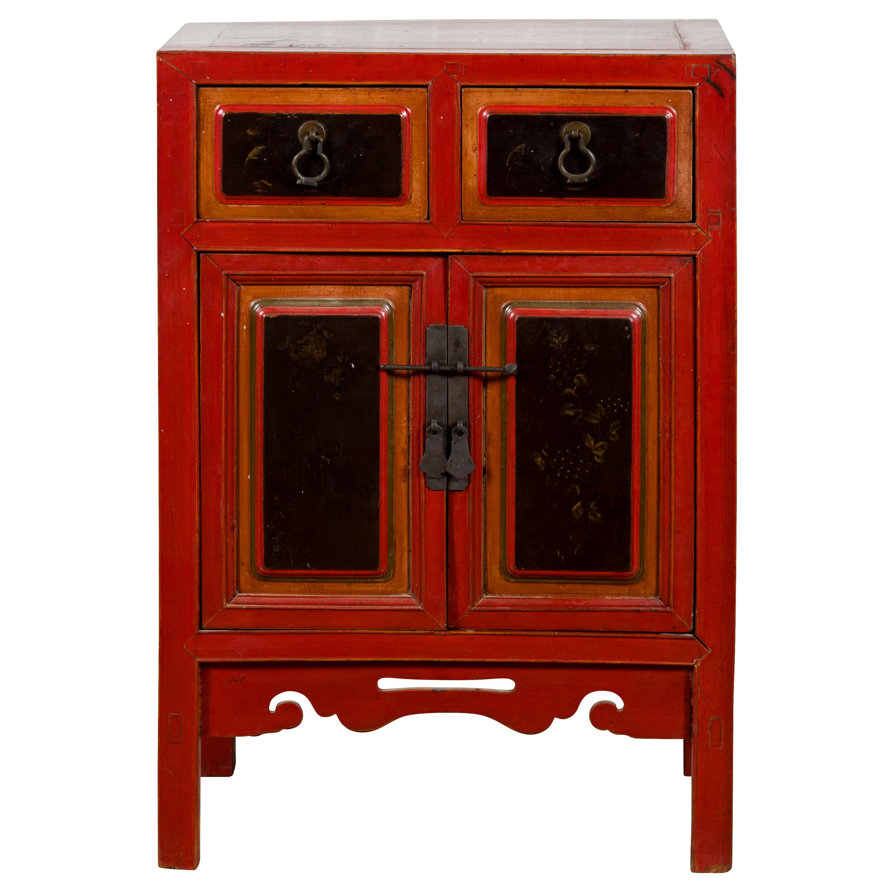 Chinese Black and Red Small Cabinet from the Qing Dynasty, with Carved Apron