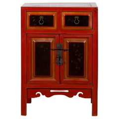Chinese Black and Red Small Cabinet from the Qing Dynasty, with Carved Apron