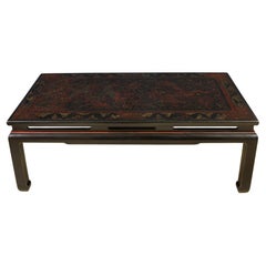 Vintage Chinese Black and Rouge Lacquer Etched Coffee Table