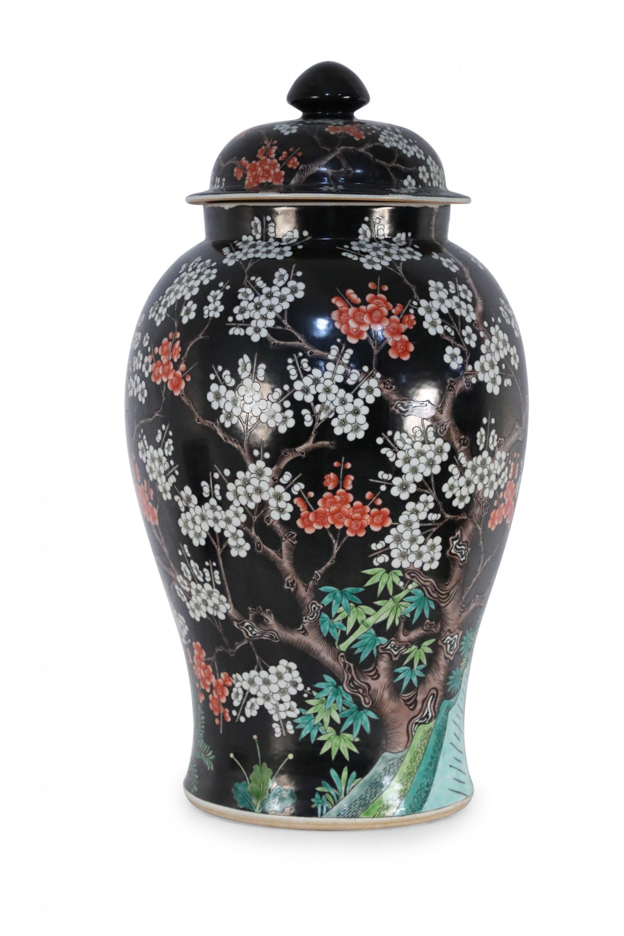 Chinese Black and White Cherry Blossom Tree Motif Porcelain Jar 5