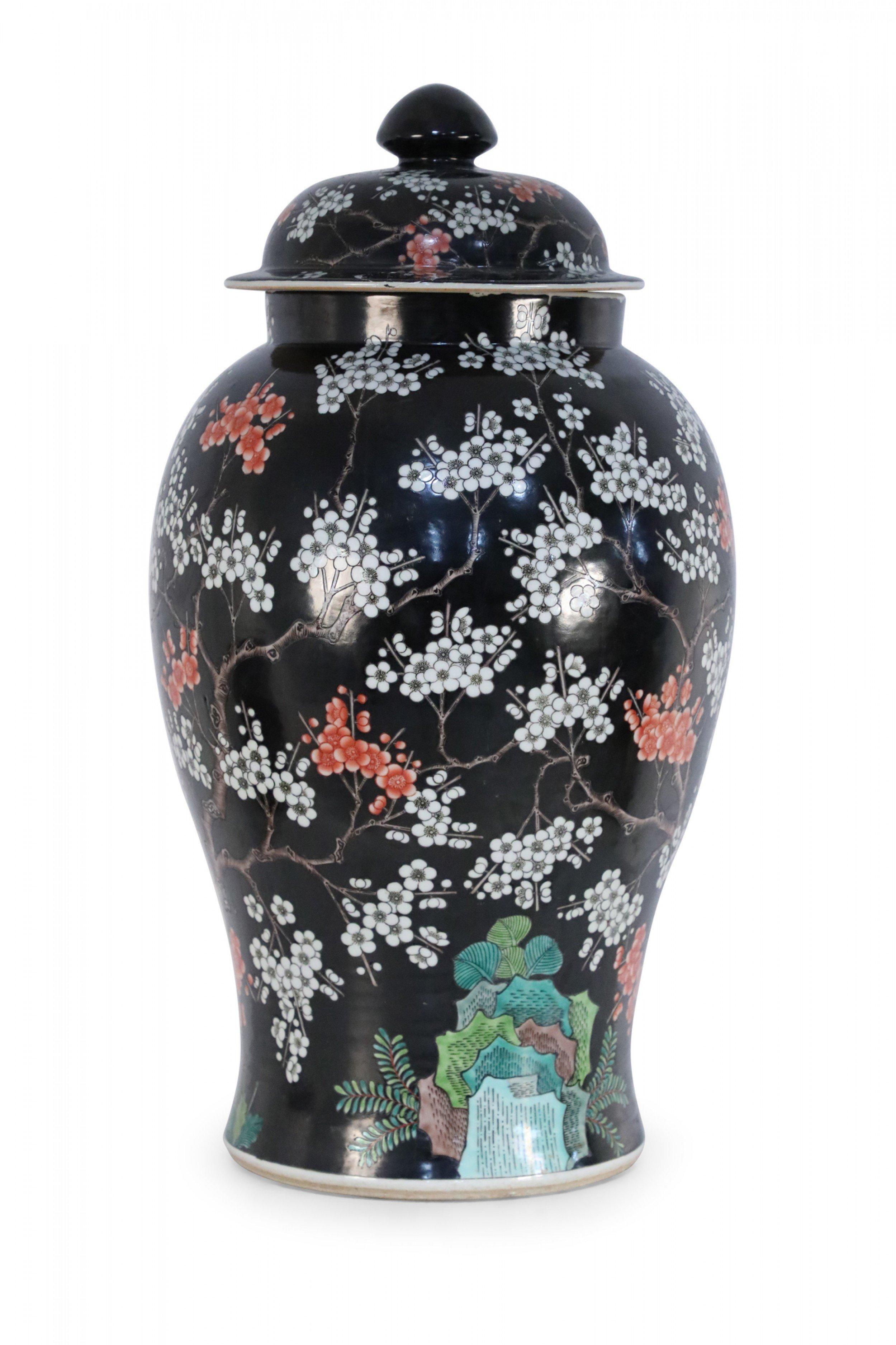 Chinese Export Chinese Black and White Cherry Blossom Tree Motif Porcelain Jar