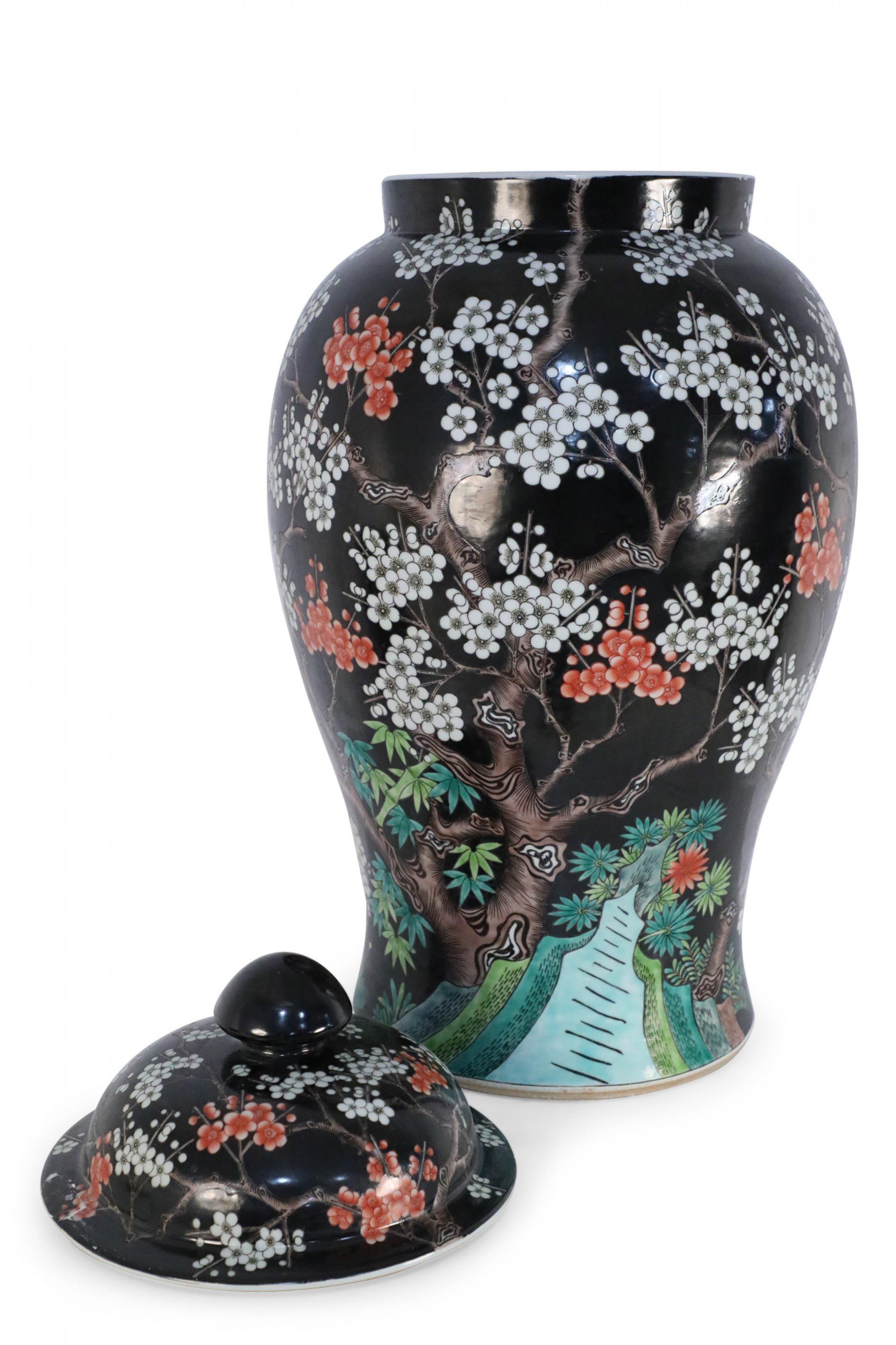 Chinese Black and White Cherry Blossom Tree Motif Porcelain Jar 2