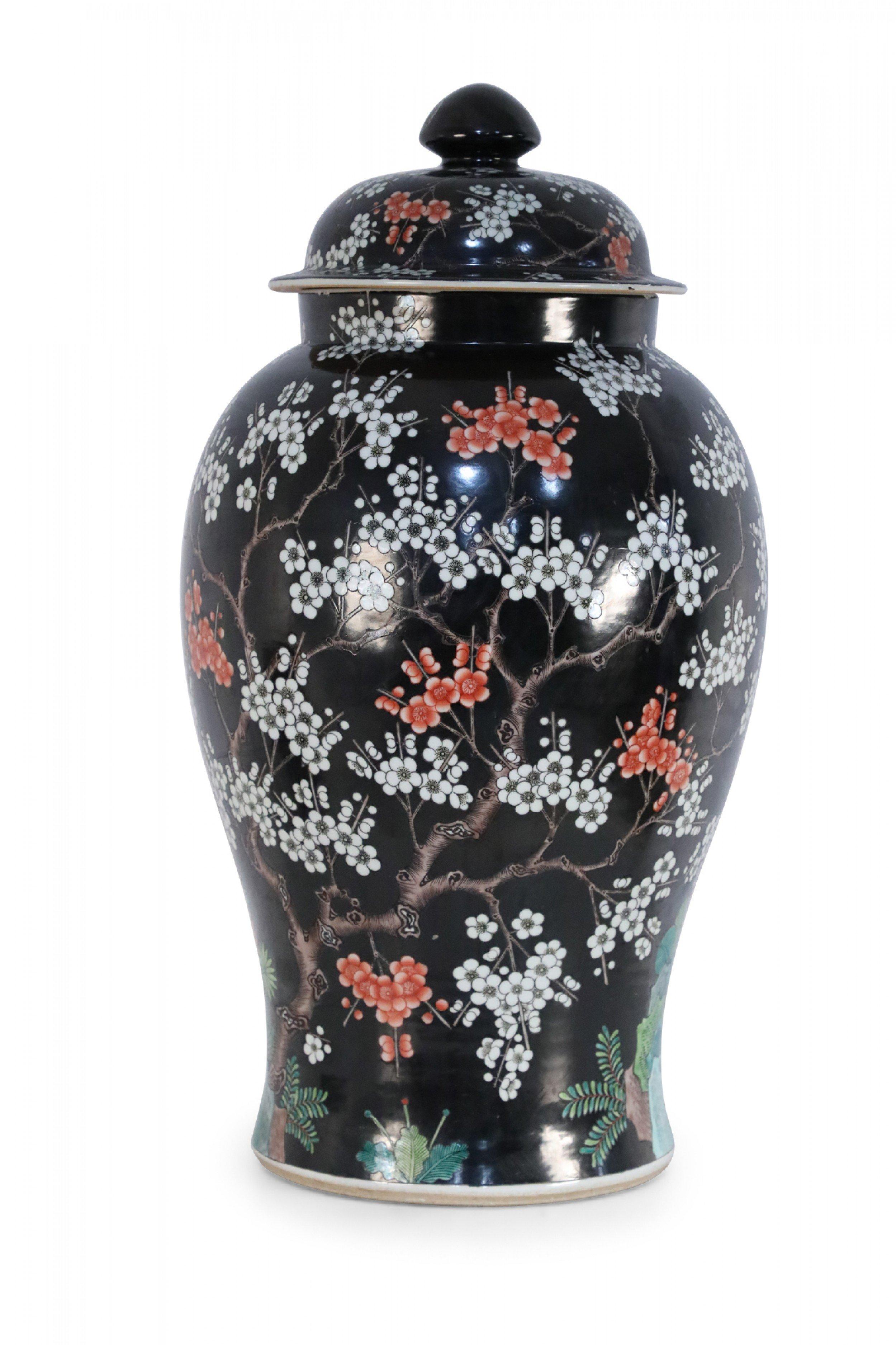 Chinese Black and White Cherry Blossom Tree Motif Porcelain Jar 3