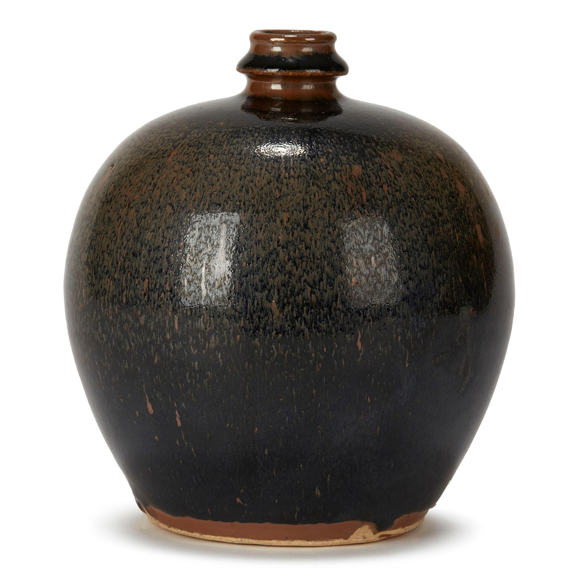 Chinese Black and Brown Haresfur Glazed Bulbous Pottery Vase, 20th Century 1