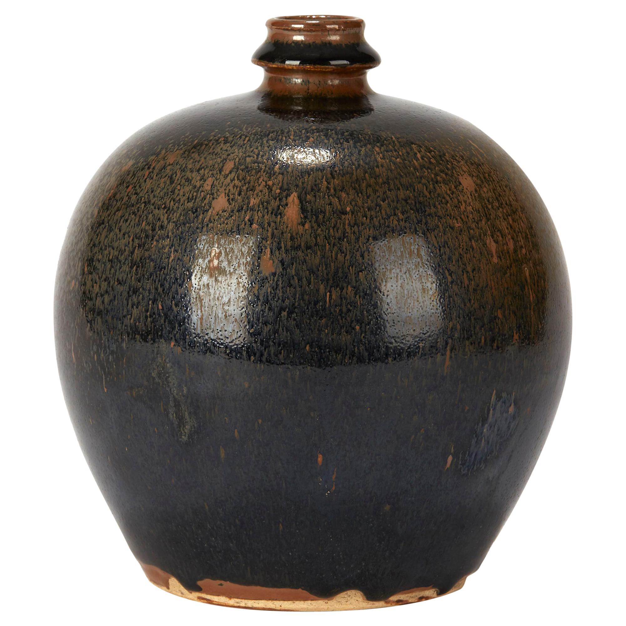 Chinese Black and Brown Haresfur Glazed Bulbous Pottery Vase, 20th Century