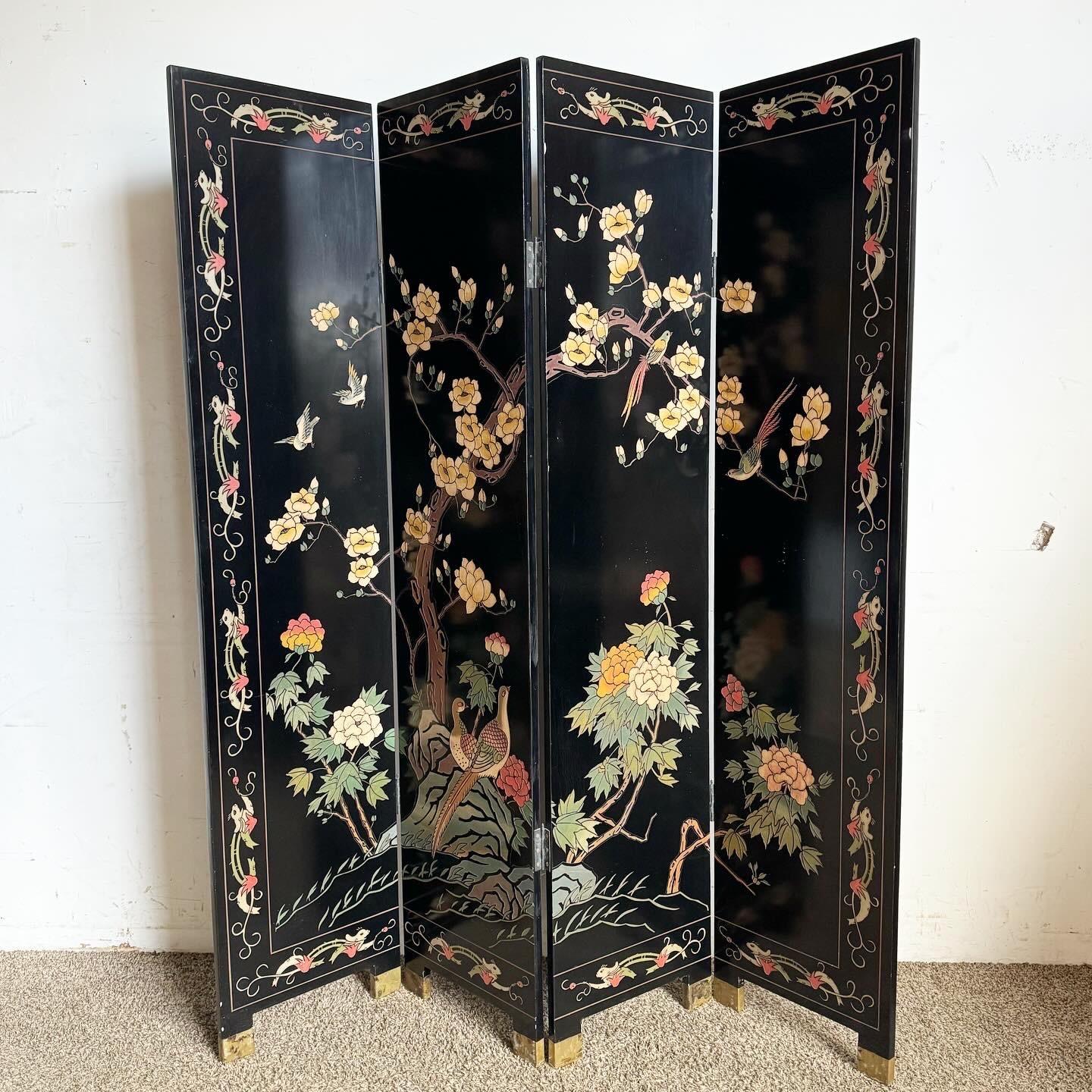Chinese Black Carved and Hand Painted Room Divider - 4 Panels In Good Condition In Delray Beach, FL