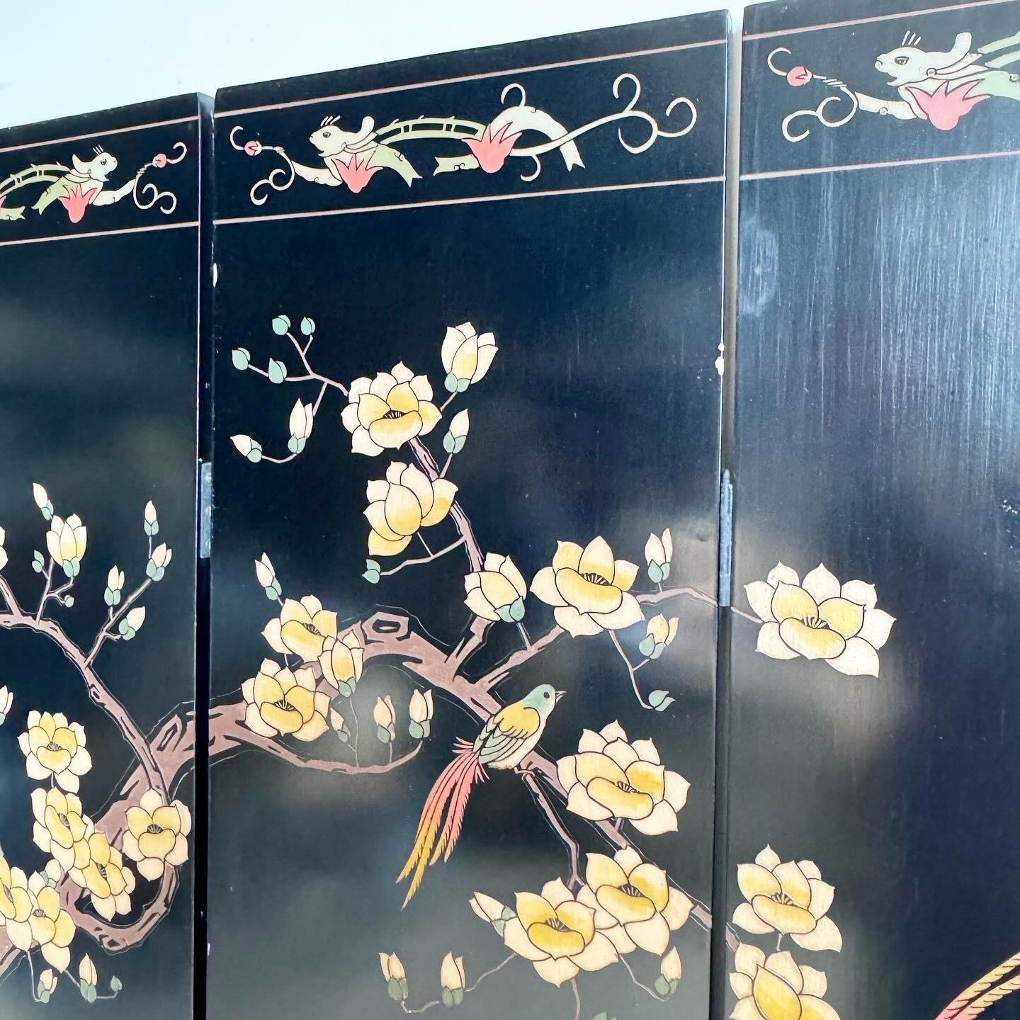 Late 20th Century Chinese Black Carved and Hand Painted Room Divider - 4 Panels
