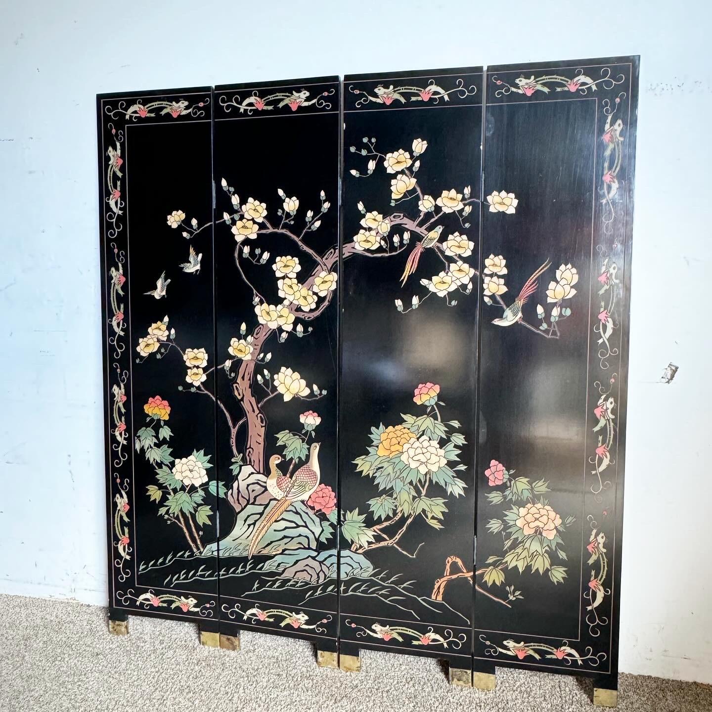 Wood Chinese Black Carved and Hand Painted Room Divider - 4 Panels