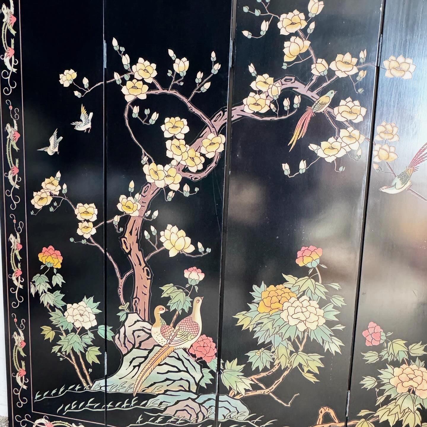 Chinese Black Carved and Hand Painted Room Divider - 4 Panels 1