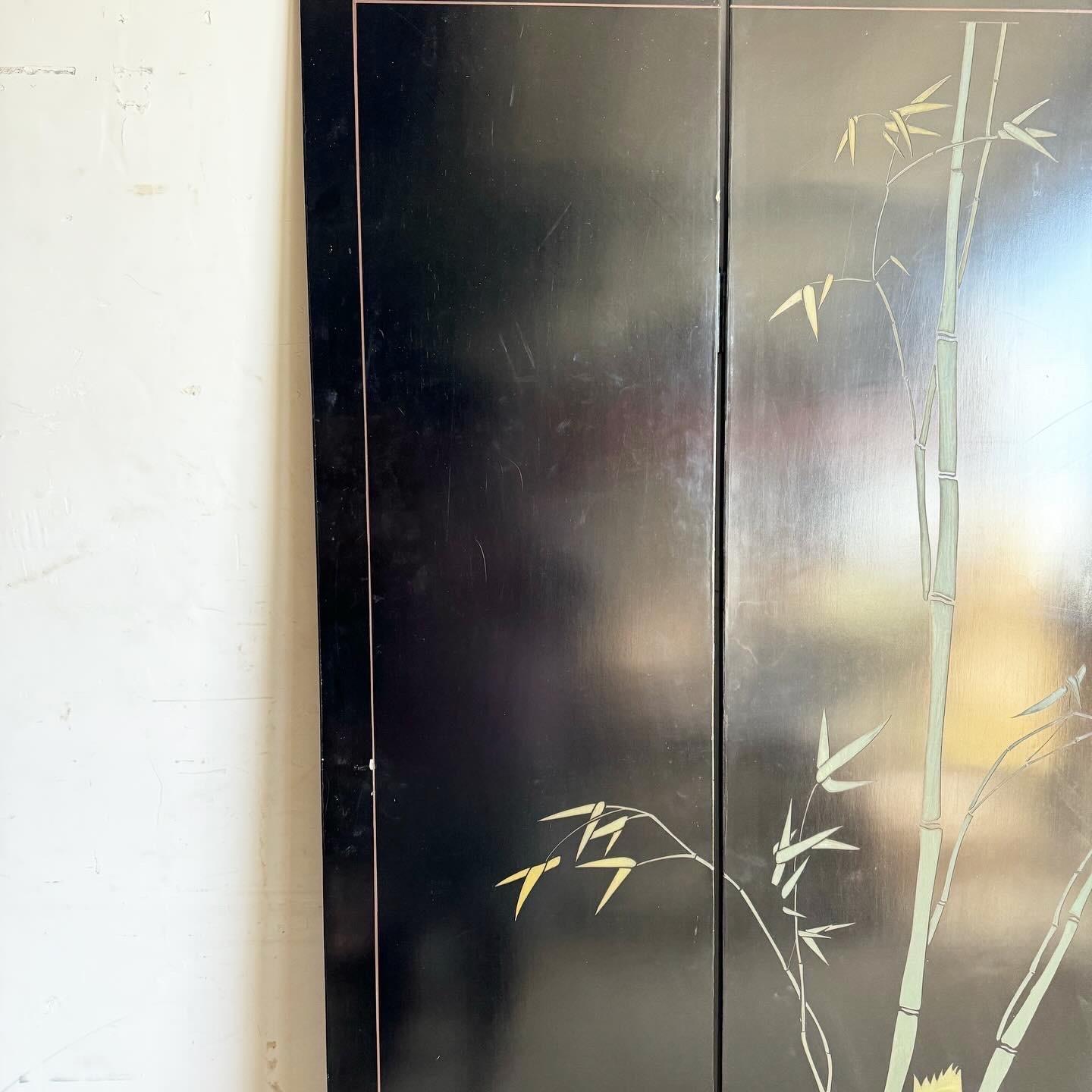 Chinese Black Carved and Hand Painted Room Divider - 4 Panels 4
