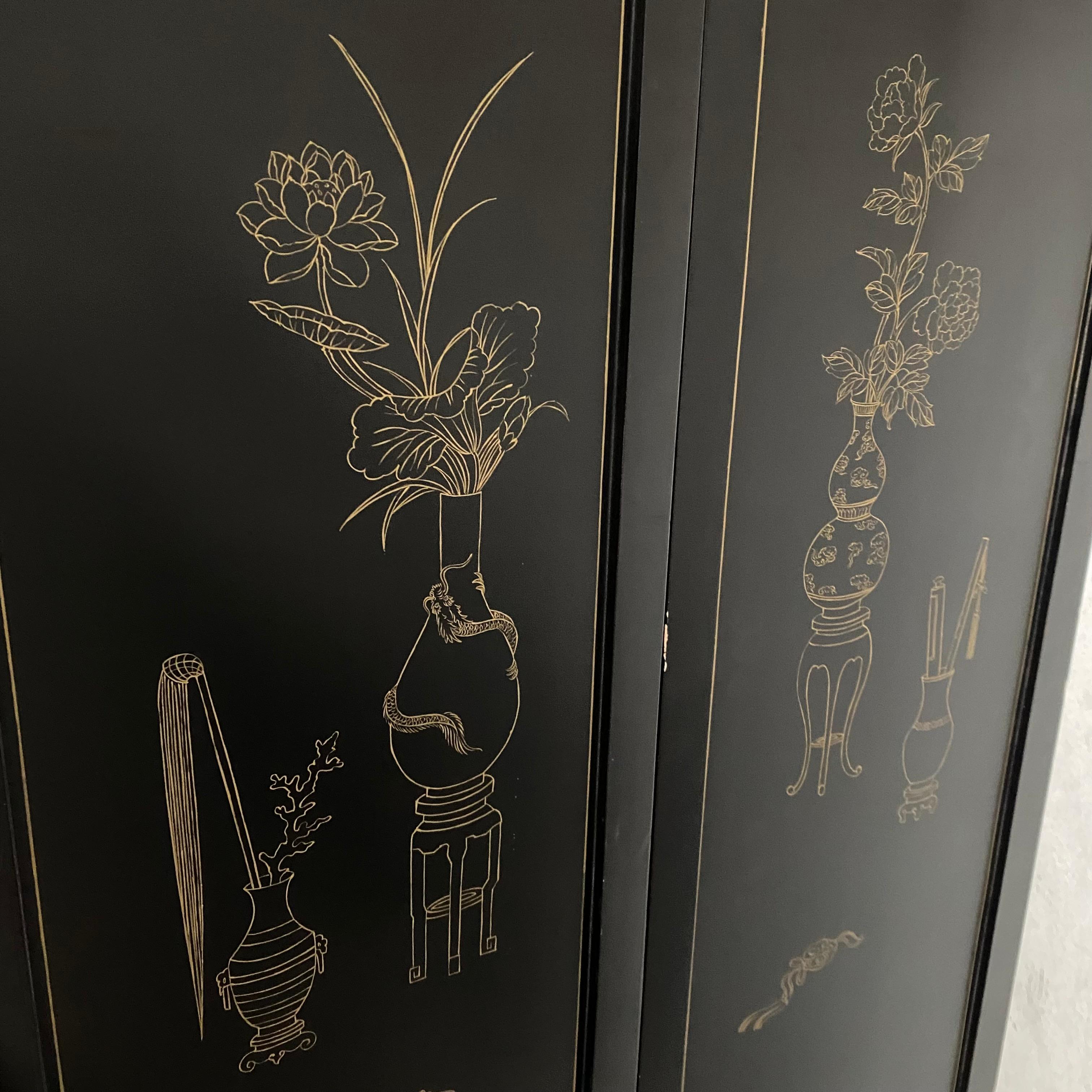 Chinesisch Schwarz geschnitzt Speckstein Blume Vögel 4 Panel Folding Bildschirm Raumteiler im Angebot 5