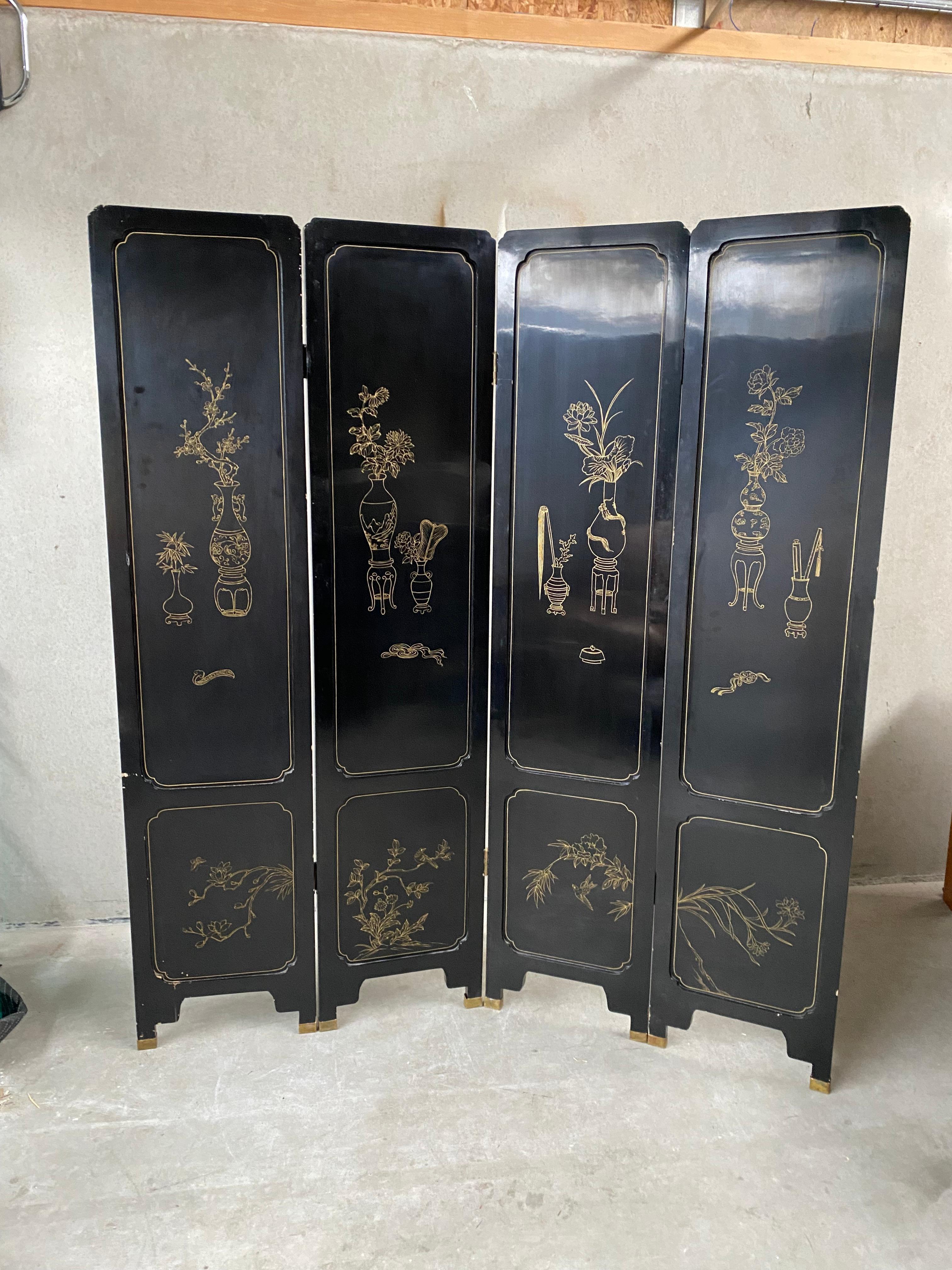 Chinesisch Schwarz geschnitzt Speckstein Blume Vögel 4 Panel Folding Bildschirm Raumteiler im Angebot 14