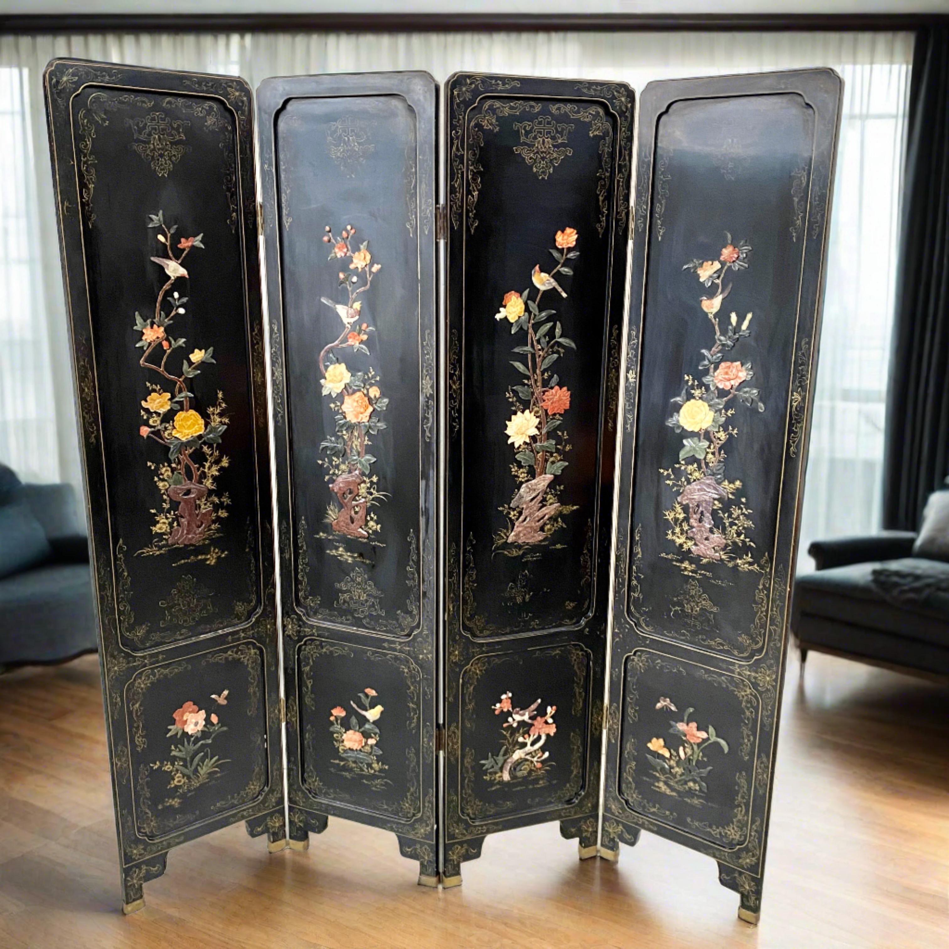 Mid-20th Century Chinese Black Carved Soapstone Flower Birds 4 Panel Folding Screen Room Divider For Sale