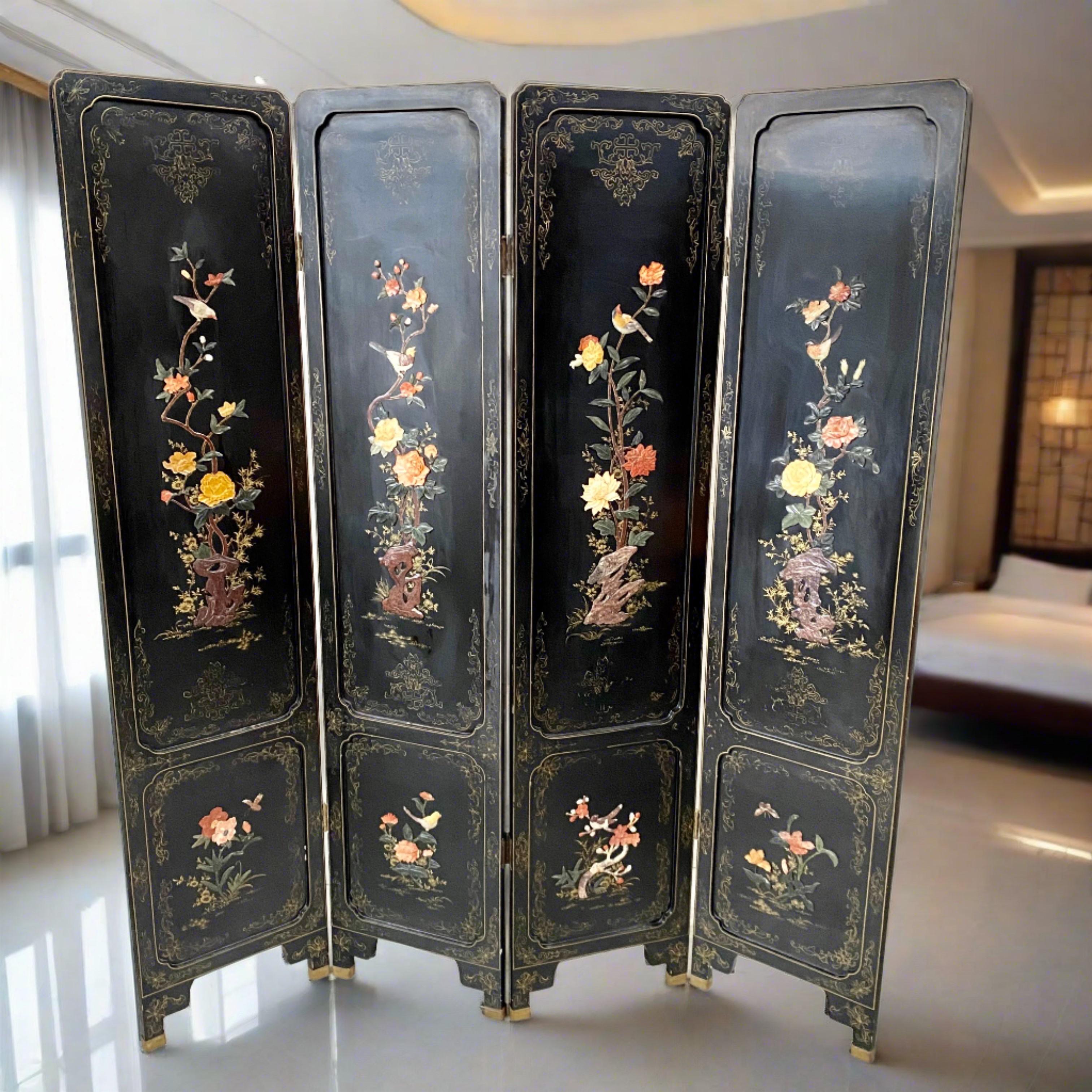 Chinese Black Carved Soapstone Flower Birds 4 Panel Folding Screen Room Divider In Good Condition For Sale In DE MEERN, NL