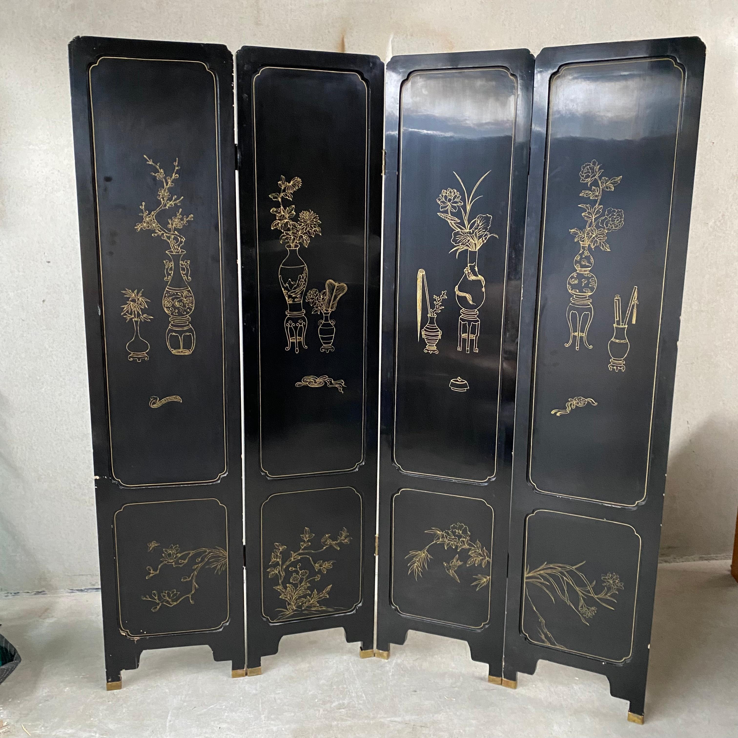 Chinese Black Carved Soapstone Flower Birds 4 Panel Folding Screen Room Divider For Sale 1