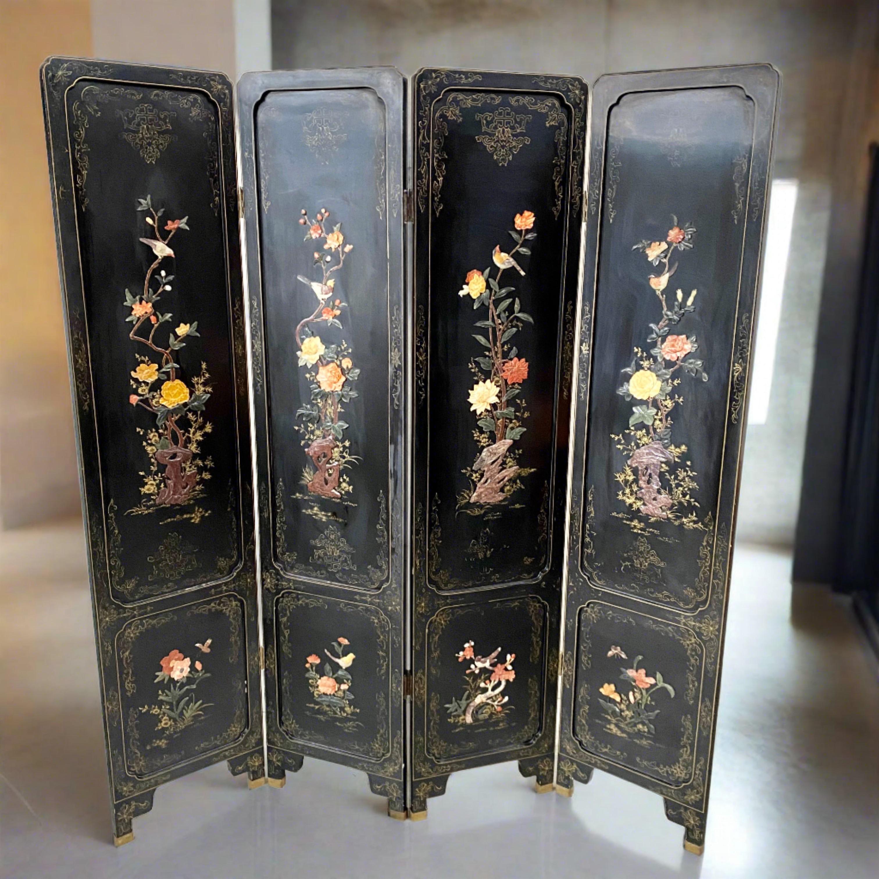 Looking for a statement piece to elevate your living space? Look no further than this midcentury Chinese 4 Panel Carved Soapstone Brutalist Room Divider Screen!

hand carved with intricate floral prints and featuring stunning depictions of birds,