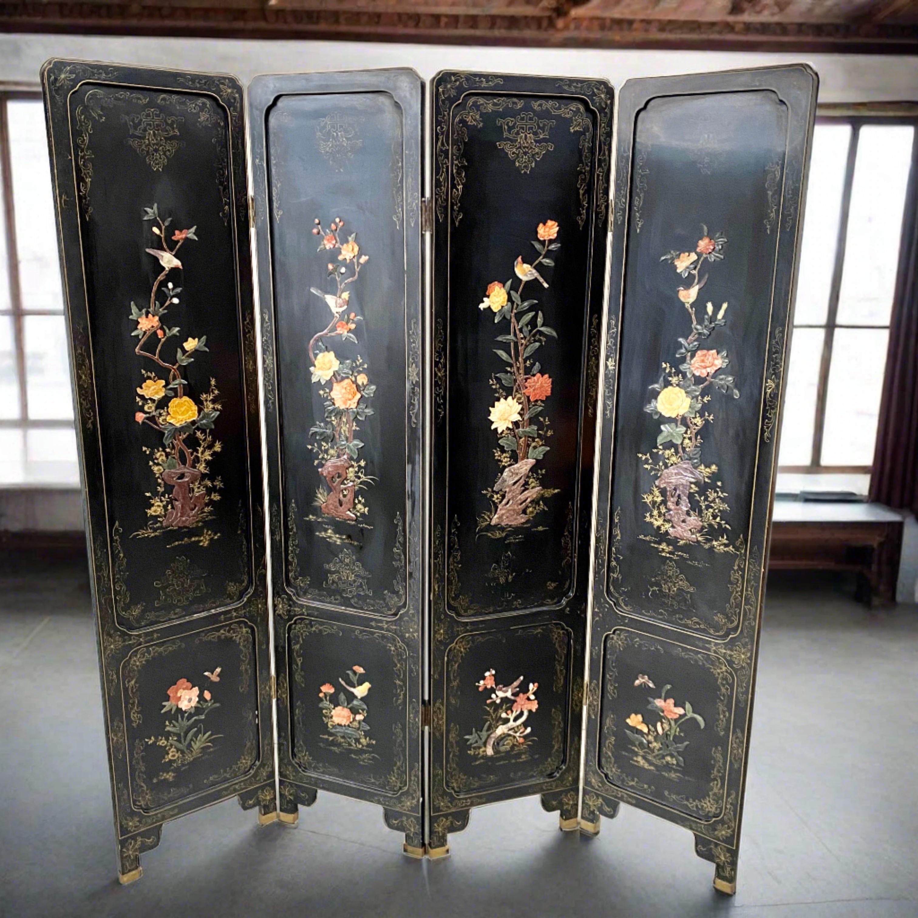 Chinesisch Schwarz geschnitzt Speckstein Blume Vögel 4 Panel Folding Bildschirm Raumteiler im Angebot 18