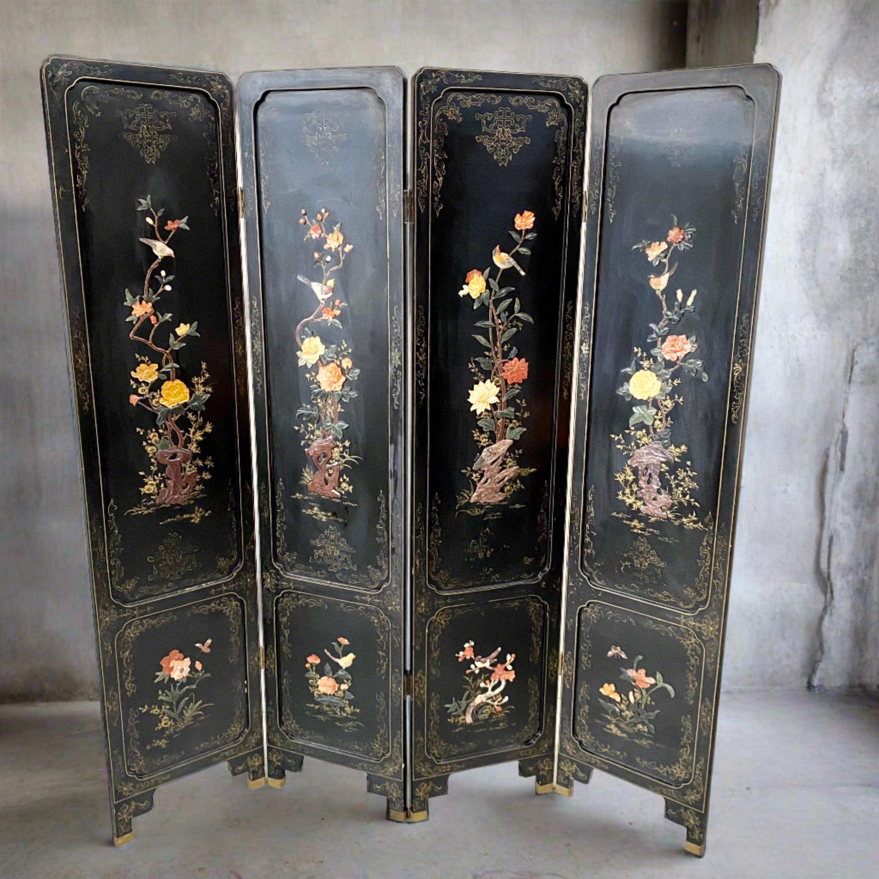 Chinese Black Carved Soapstone Flower Birds 4 Panel Folding Screen Room Divider For Sale 17