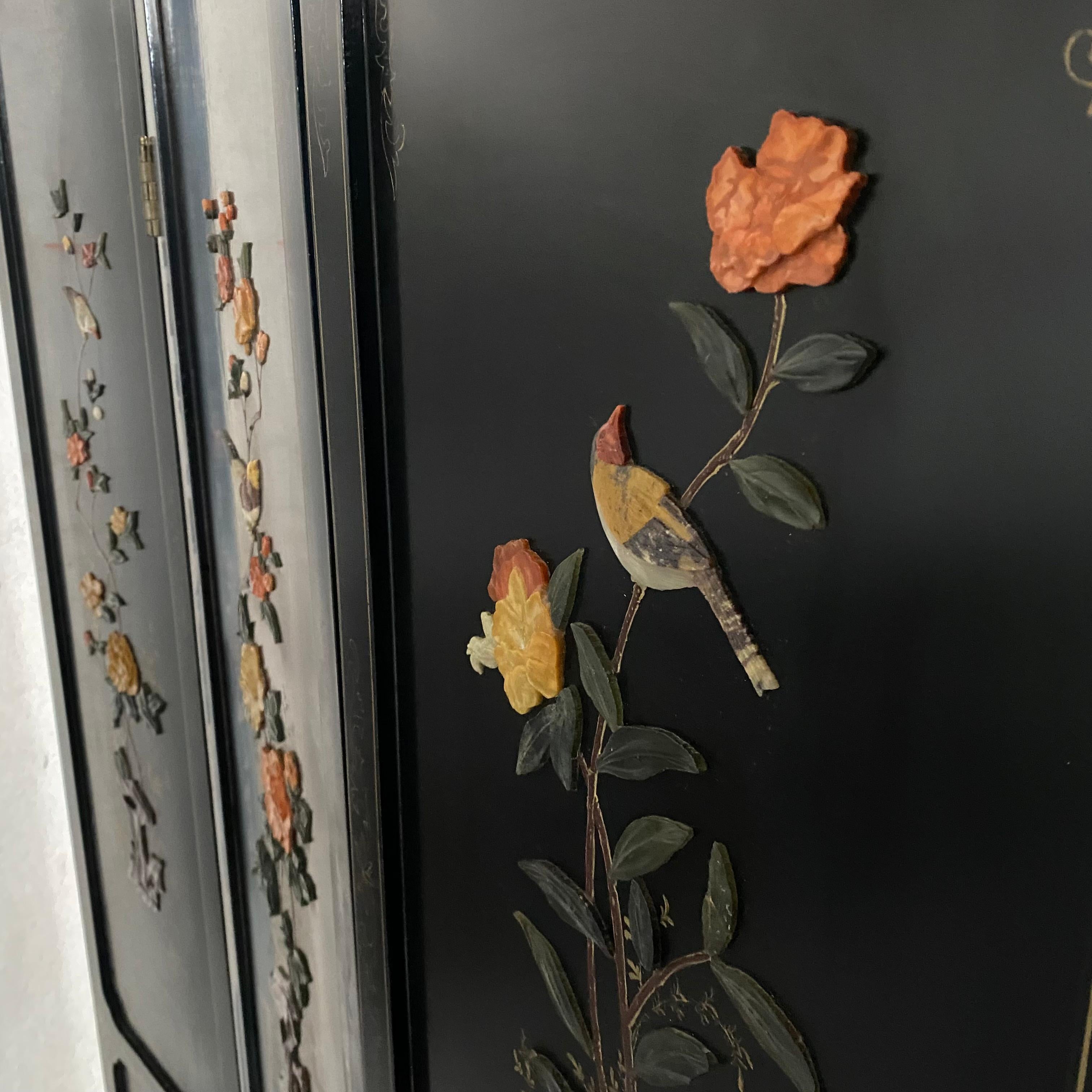 Chinesisch Schwarz geschnitzt Speckstein Blume Vögel 4 Panel Folding Bildschirm Raumteiler im Angebot 4