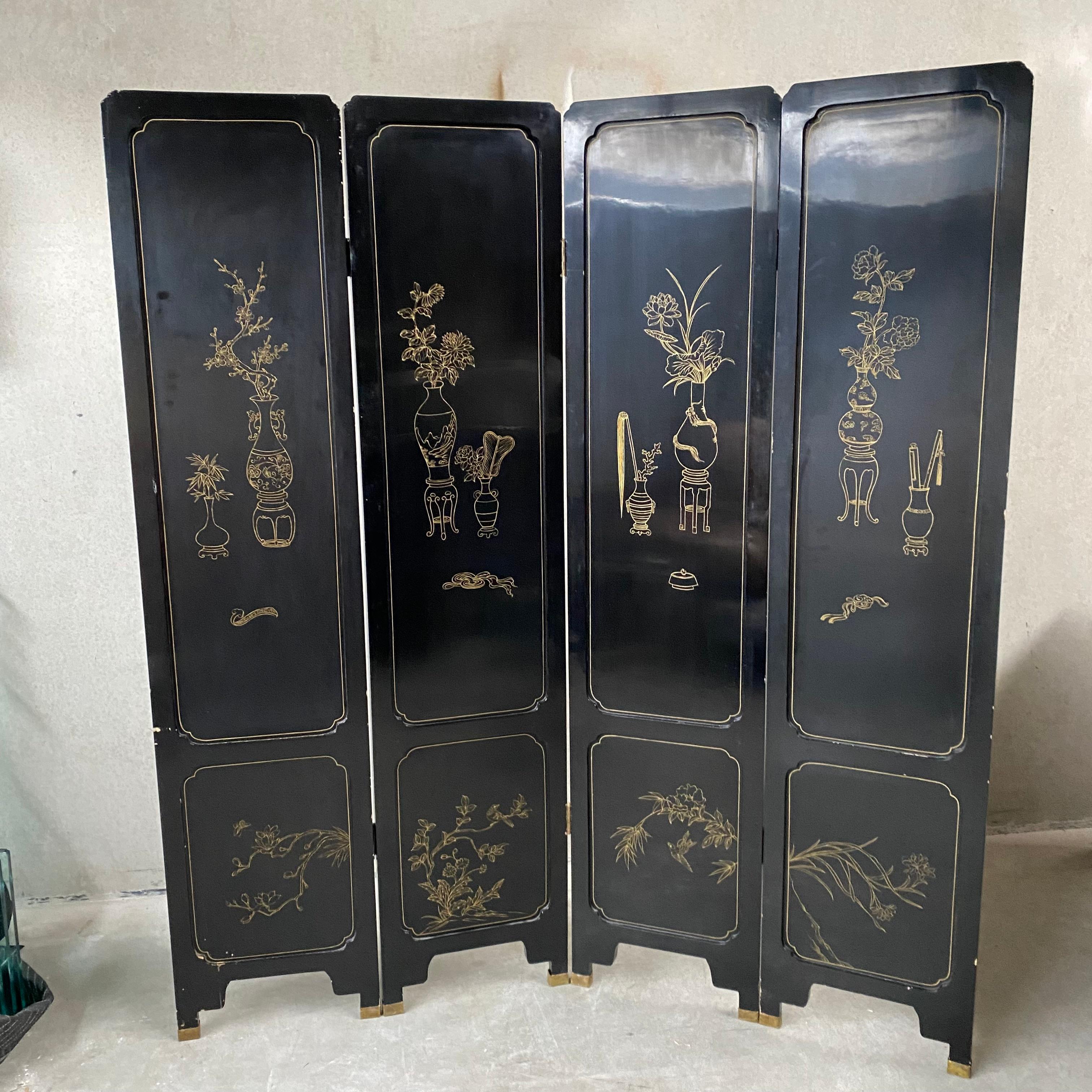 Chinesisch Schwarz geschnitzt Speckstein Blume Vögel 4 Panel Folding Bildschirm Raumteiler im Angebot 6