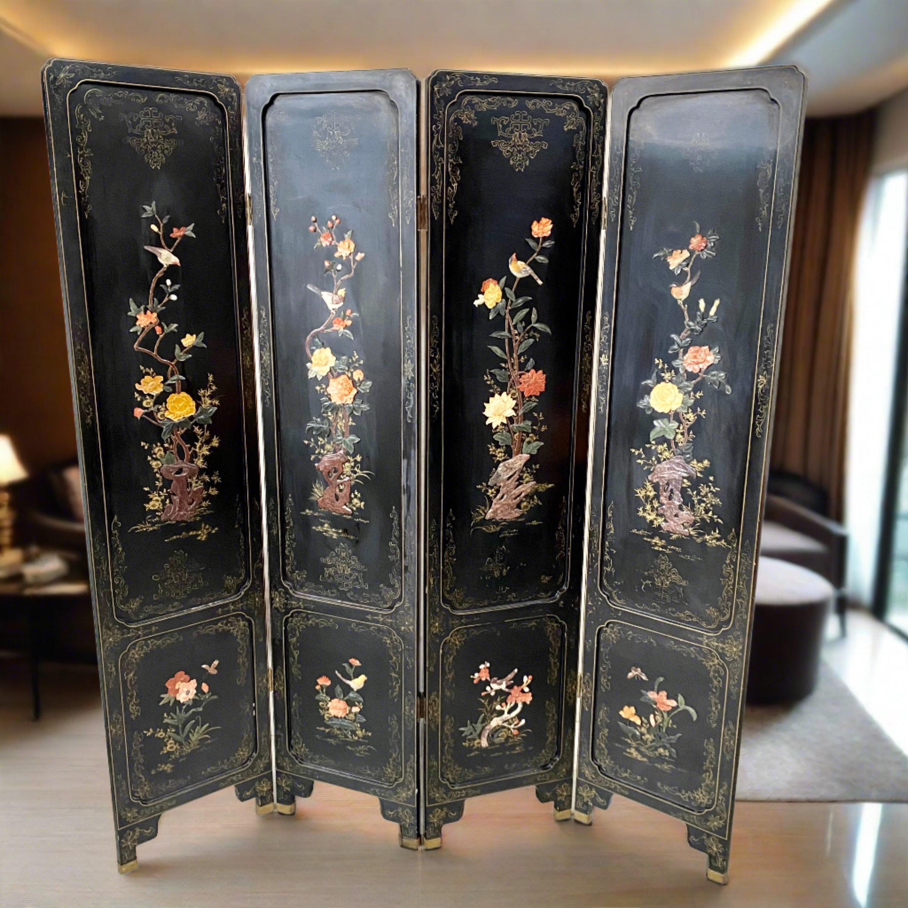 Brutalist Chinese Black Carved Soapstone Flower Birds 4 Panel Folding Screen Room Divider For Sale