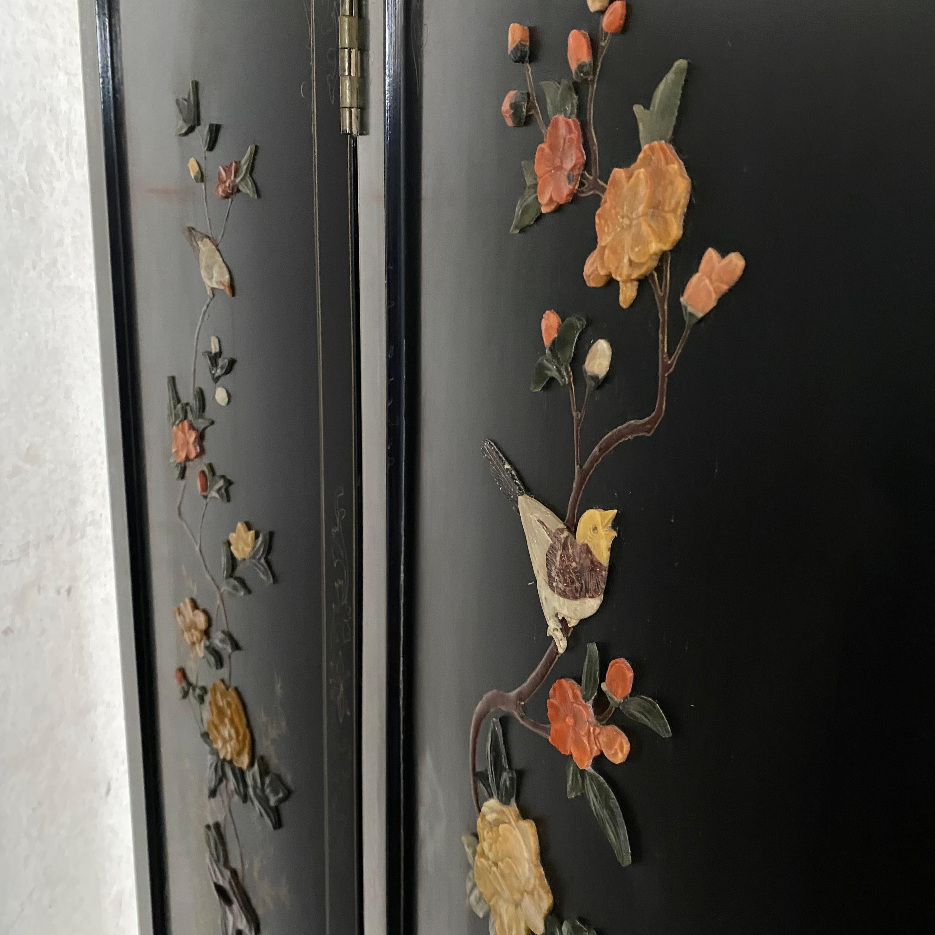 Chinesisch Schwarz geschnitzt Speckstein Blume Vögel 4 Panel Folding Bildschirm Raumteiler im Angebot 8