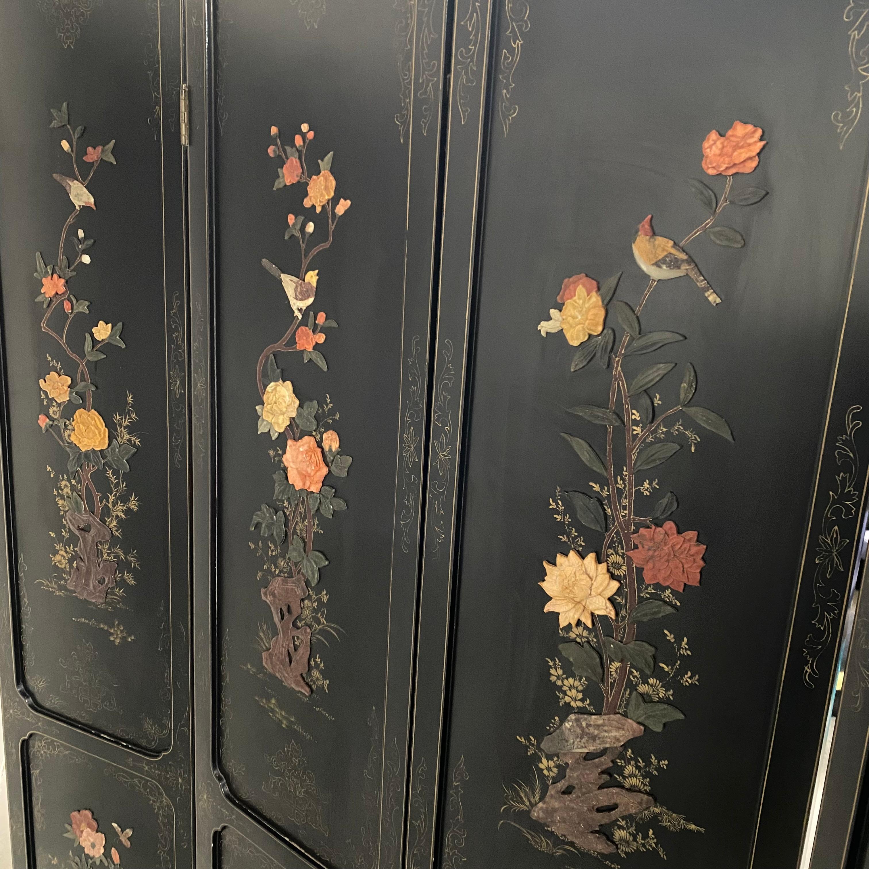 Chinese Black Carved Soapstone Flower Birds 4 Panel Folding Screen Room Divider For Sale 7