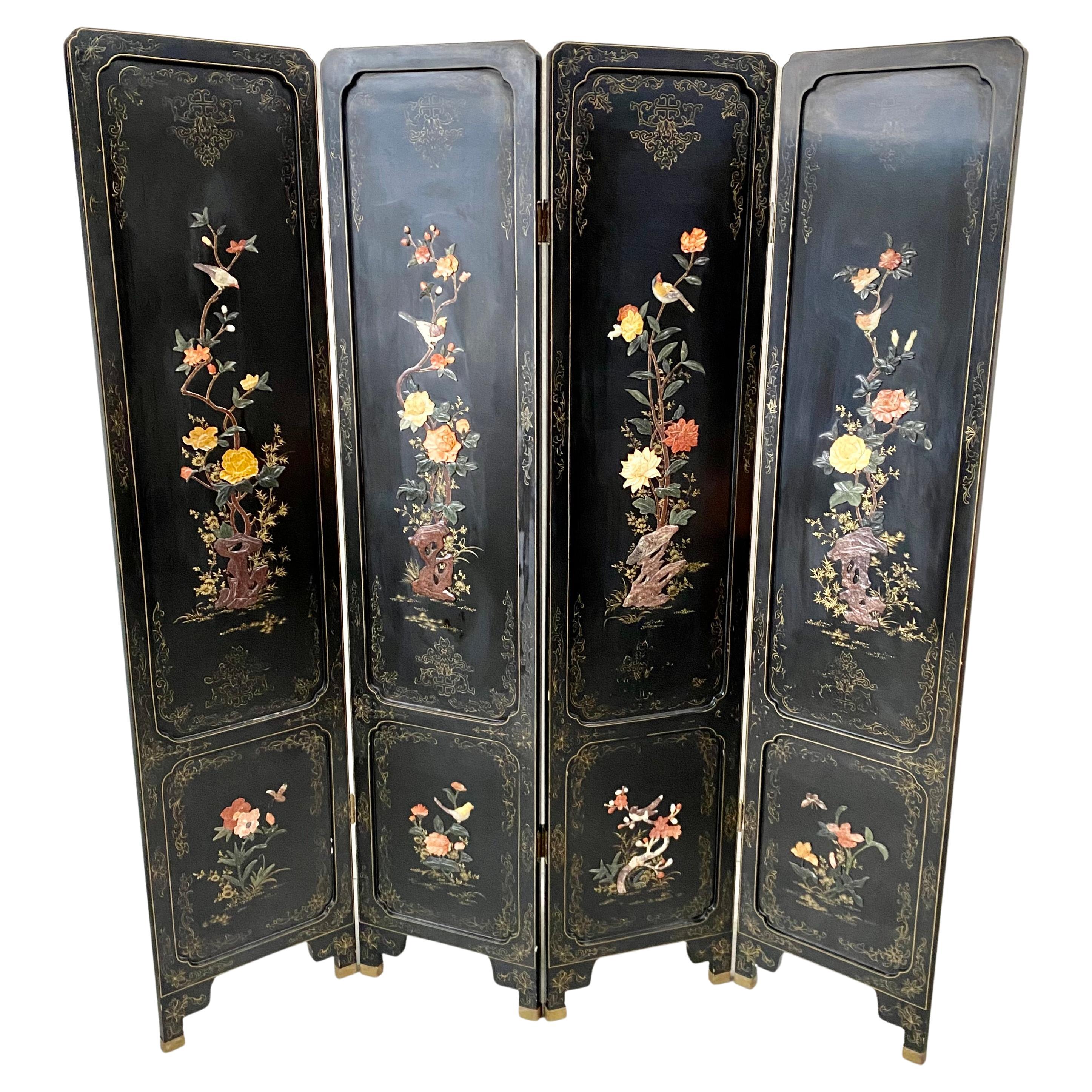 Chinese Black Carved Soapstone Flower Birds 4 Panel Folding Screen Room Divider