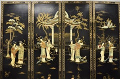 Chinese Black Carved Soapstone Geisha Girl 4 Panel Folding Screen Room Divider