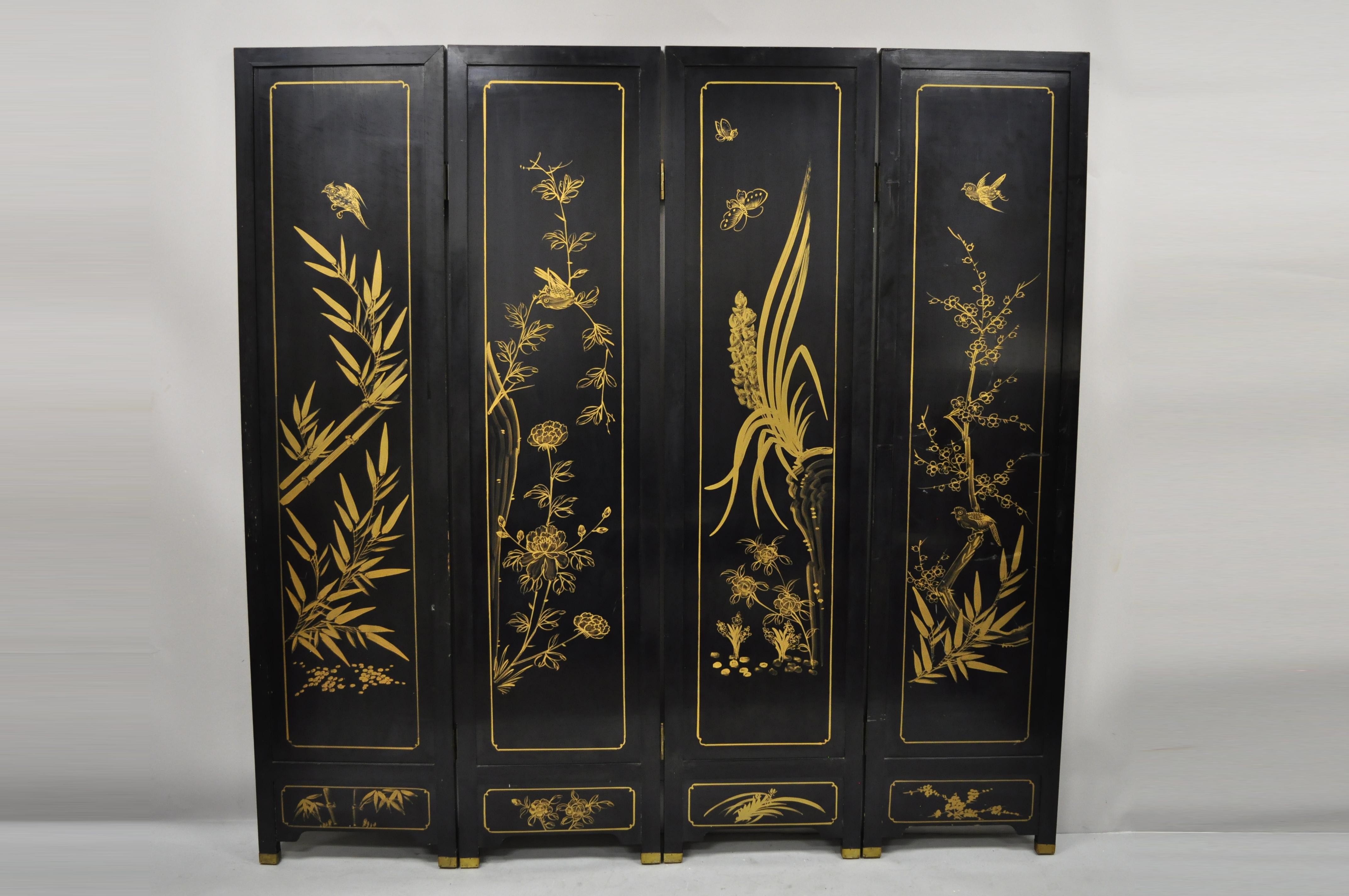 Chinese Black Carved Soapstone Geisha Girl 4 Panel Folding Screen Room Divider In Good Condition For Sale In Philadelphia, PA