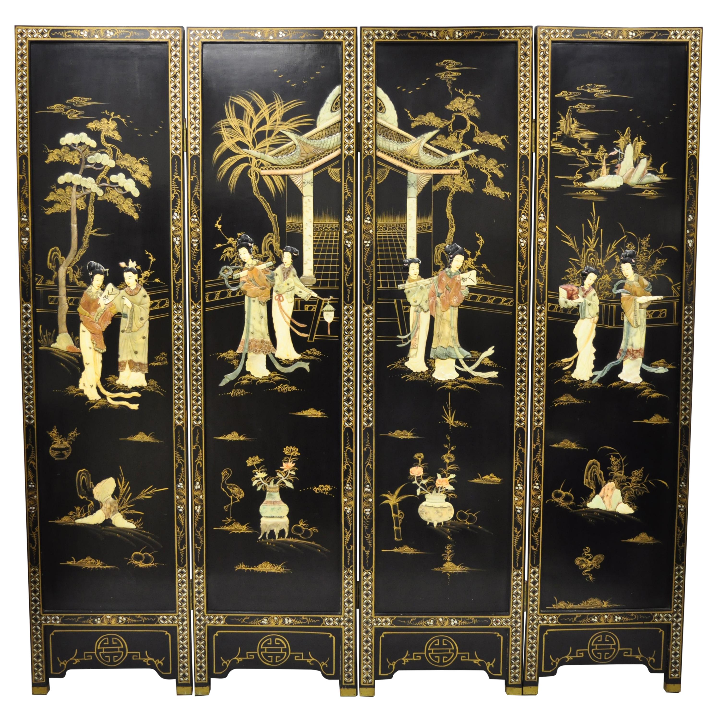 Chinese Black Carved Soapstone Geisha Girl 4 Panel Folding Screen Room Divider