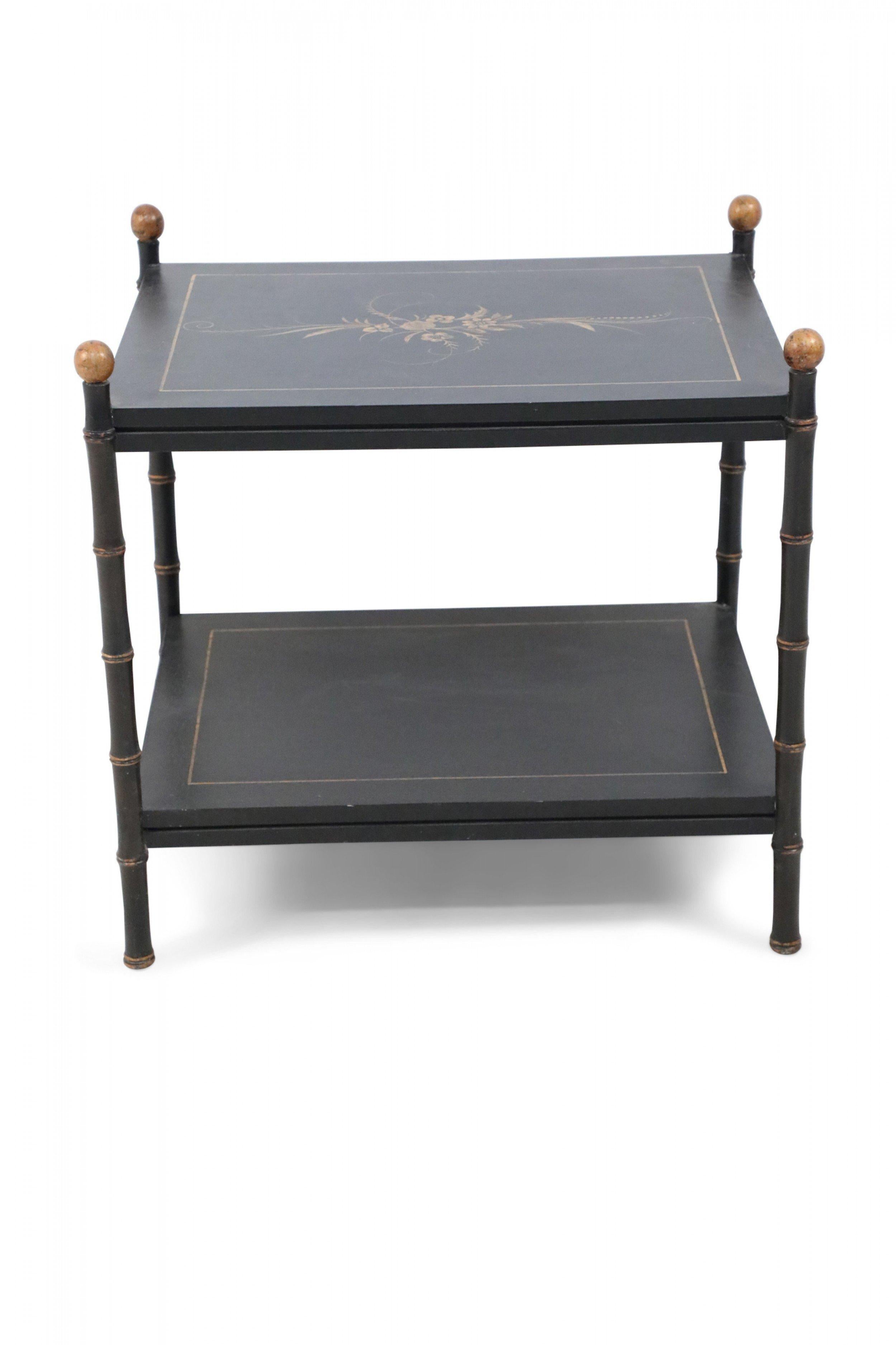 Chinese Export Chinese Black Faux Bamboo Two-Tiered End Table For Sale