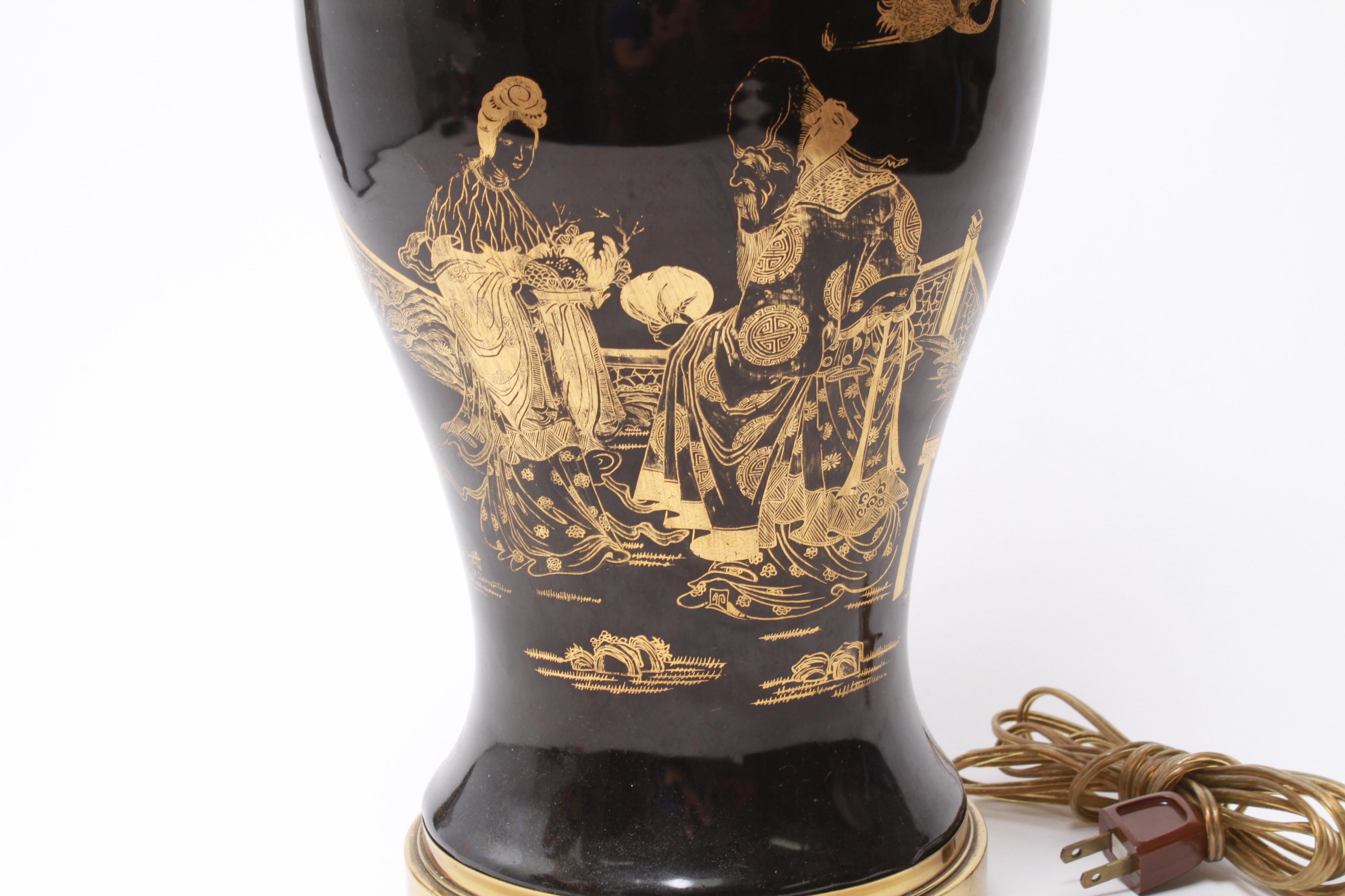 Chinese Export Chinese Black Glaze Porcelain Table Lamp Vase with Gilt Decor