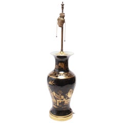 Chinese Black Glaze Porcelain Table Lamp Vase with Gilt Decor