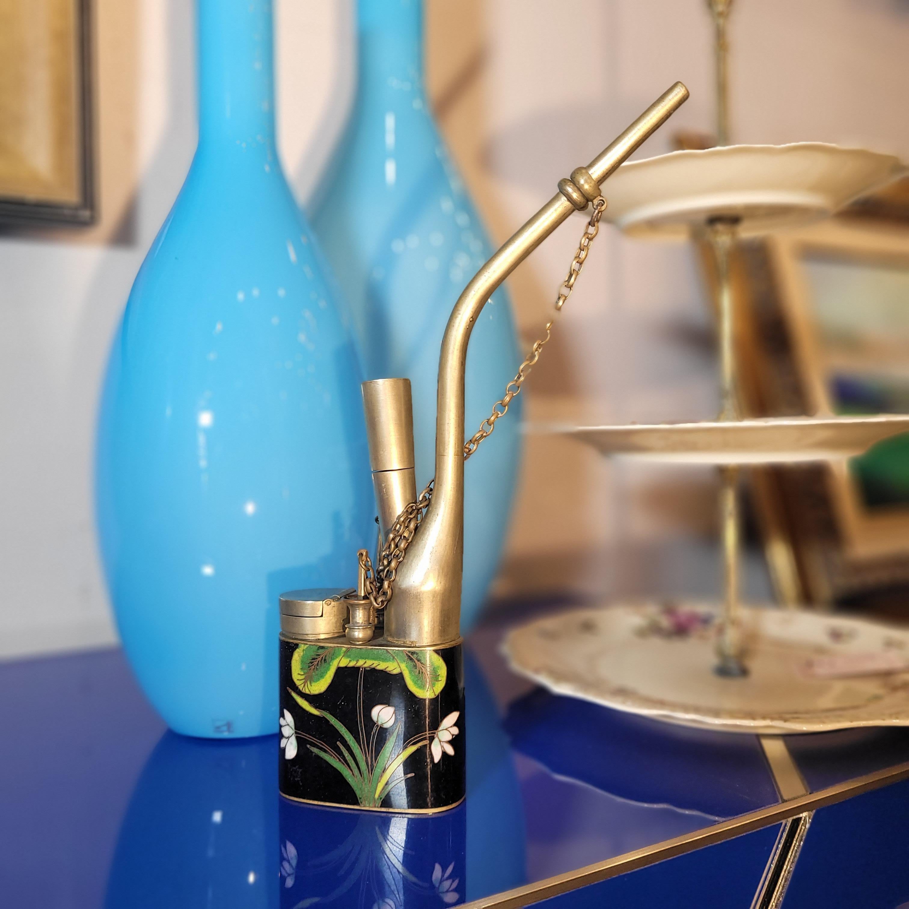 Chinese black green enamel flowers small water pipe opium pipe For Sale 8