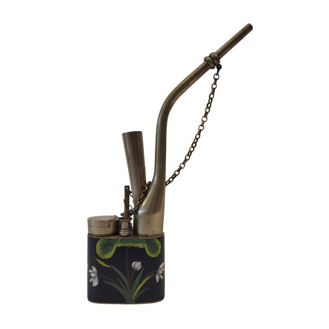 Chinese black green enamel flowers small water pipe opium pipe For Sale 9