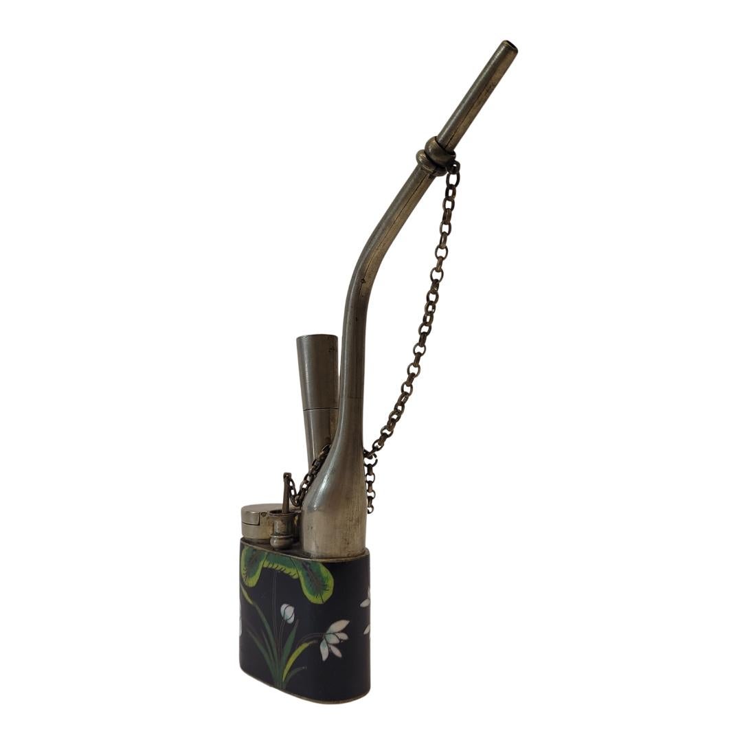 Chinese black green enamel flowers small water pipe opium pipe For Sale 10