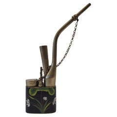 Antique Chinese black green enamel flowers small water pipe opium pipe