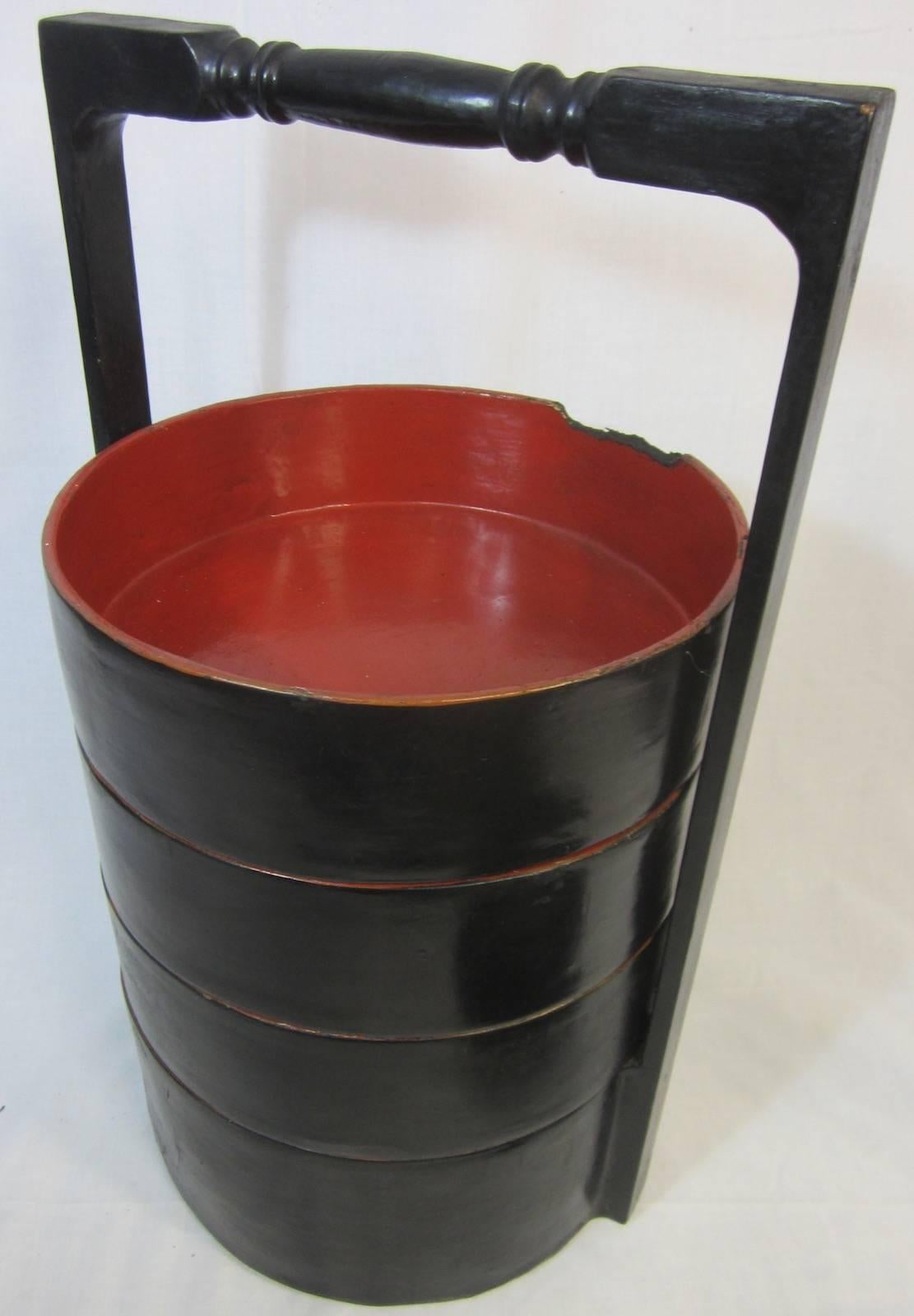 Late 20th Century Chinese Black Lacquer Four-Tier Food Basket